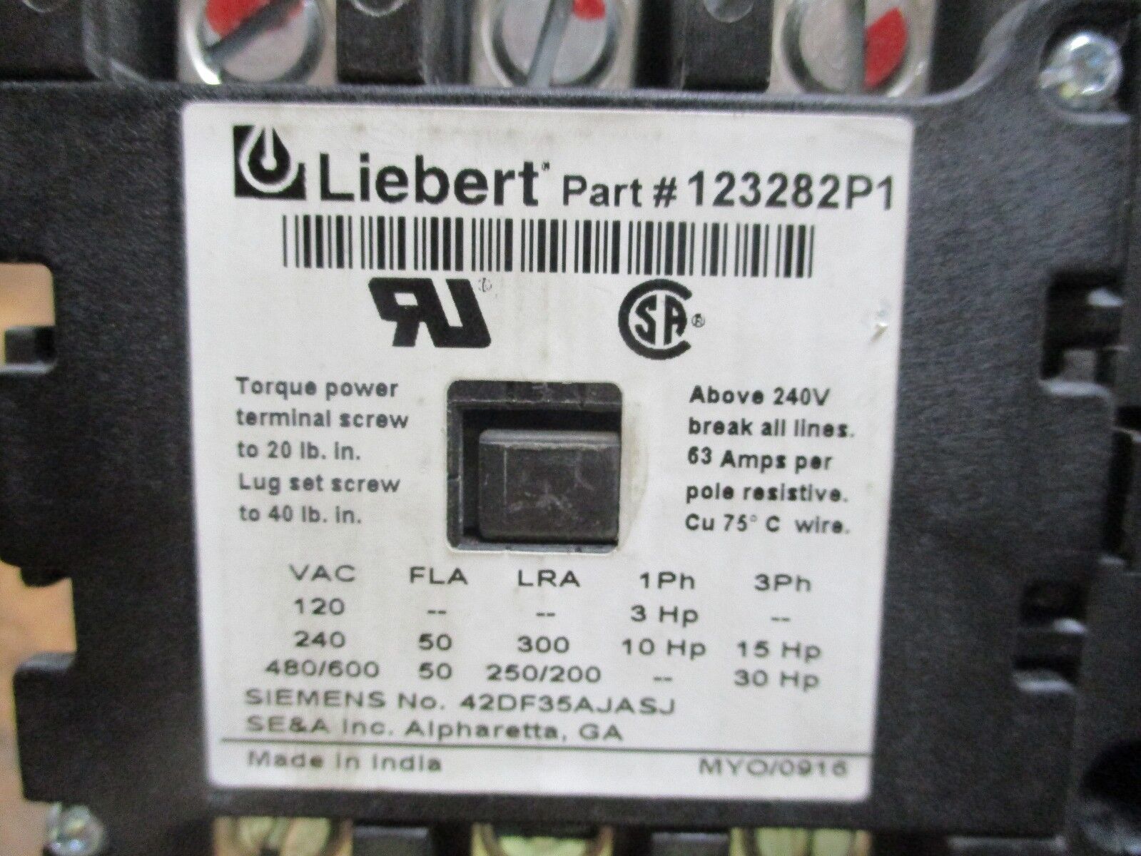 Liebert Contactor 123282P1 24V Coil 50A 600V Used