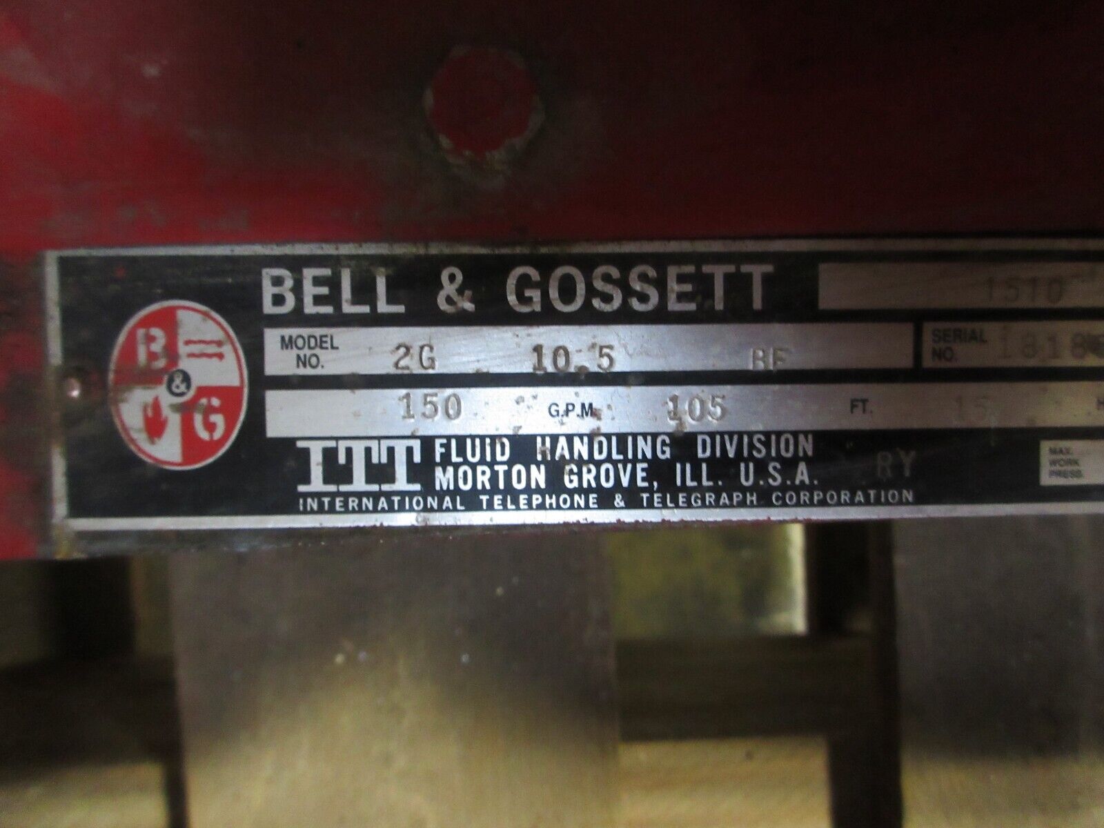 Bell & Gossett 1510 Pump 2G 10.5 BF 15HP 105FT Head 150GPM 1800RPM Used