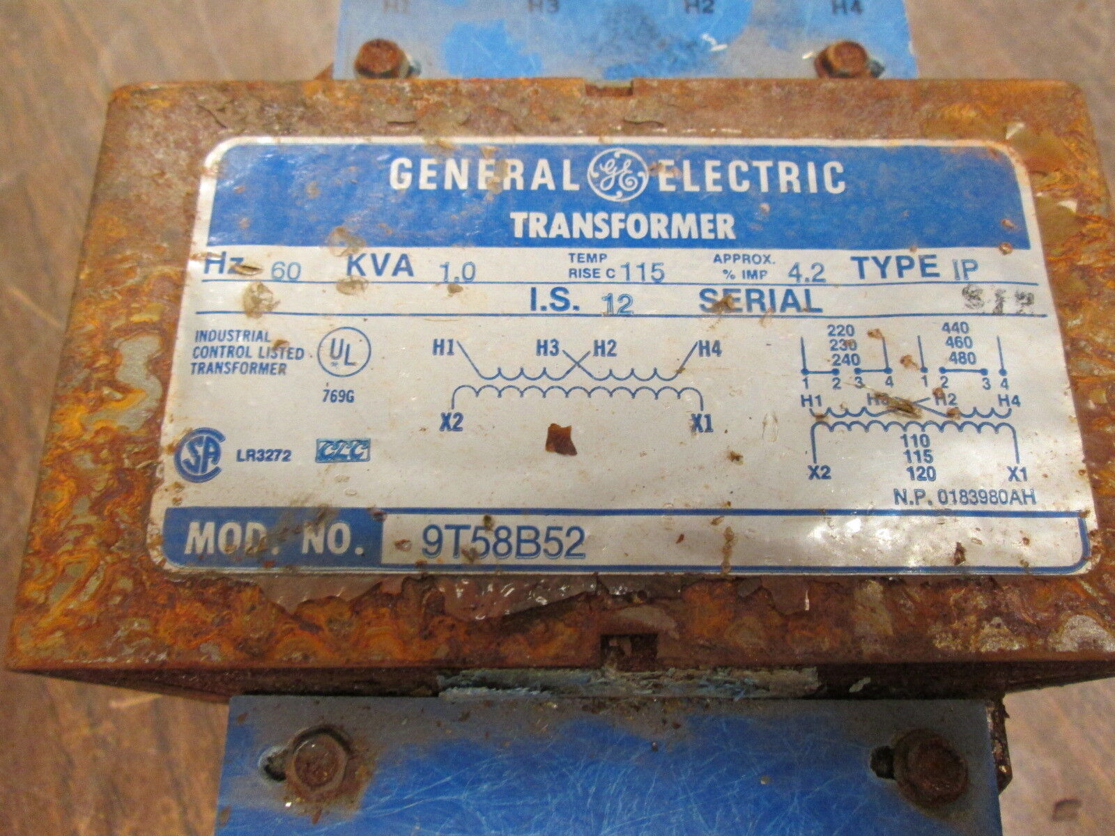 GE Type IP Transformer 9T58B52 1KVA Pri: 240/480V Sec: 120V 60Hz Used
