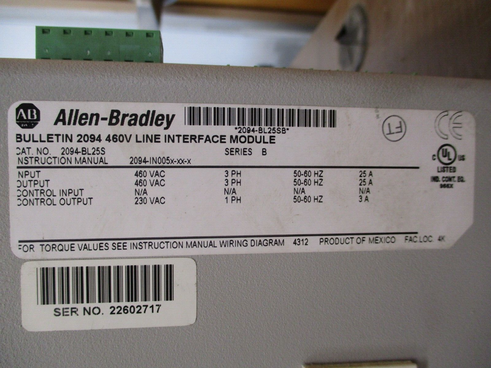 Allen-Bradley Kinetix 6000 460V Line Interface Module 2094-BL25S Ser. B Used
