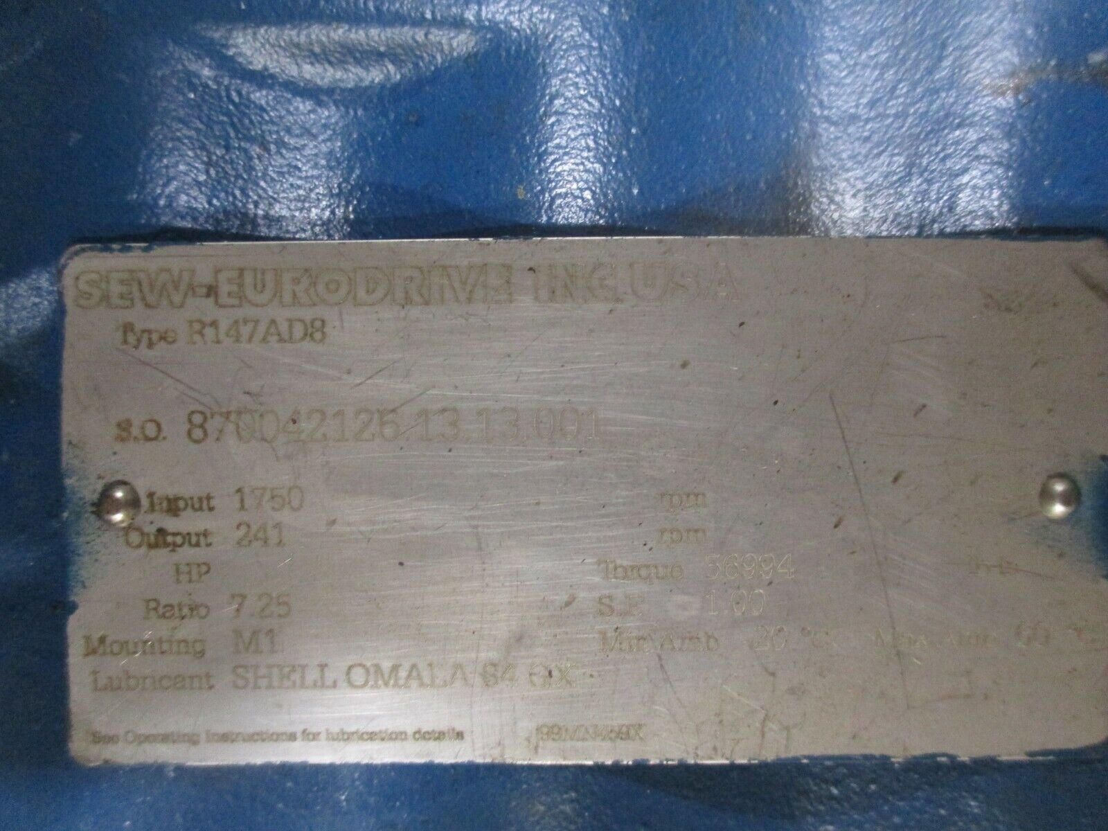Sew-Eurodrive R Series Gear Reducer R147AD8 Ratio 7.25 241RPM Output Used