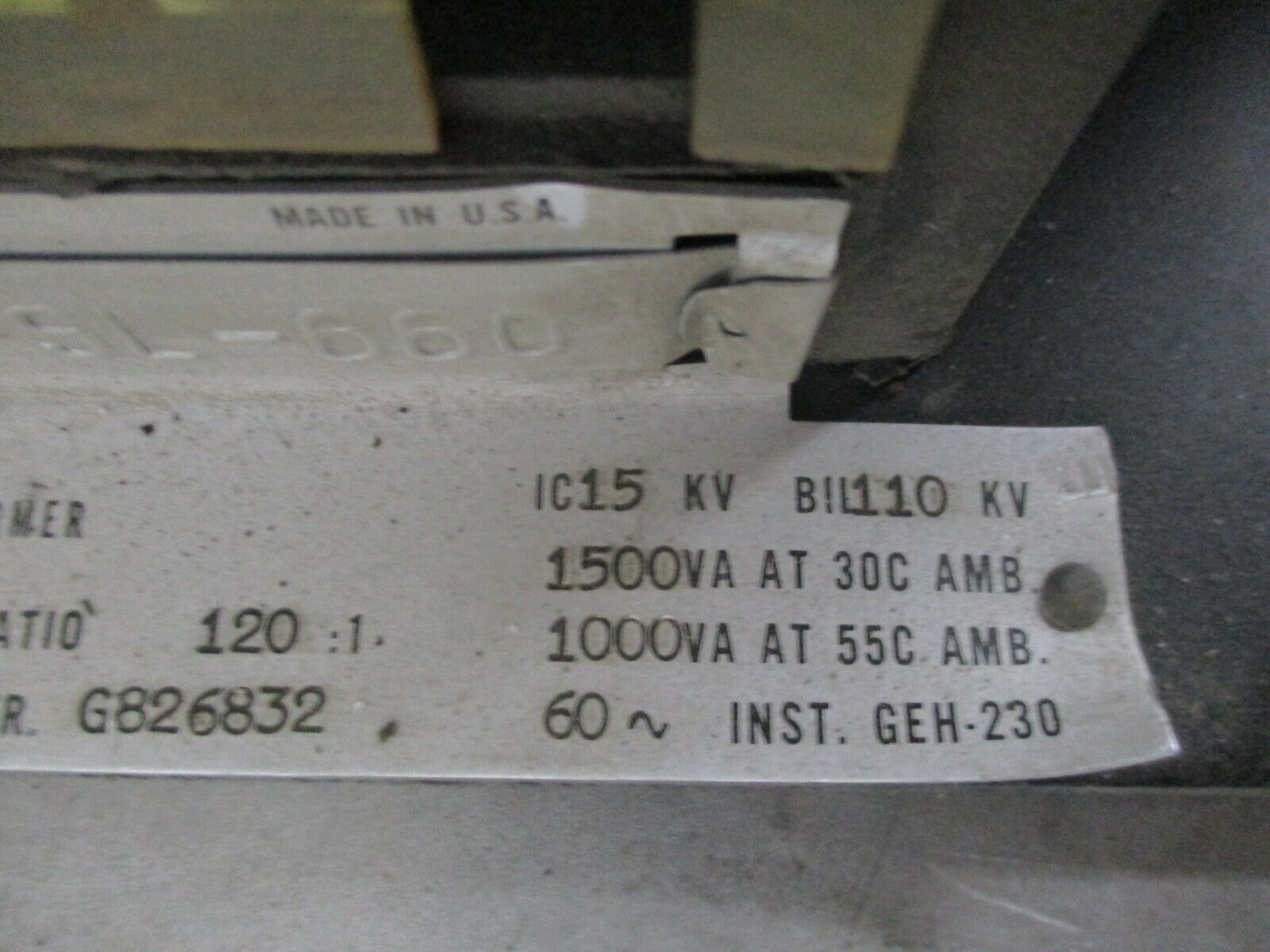 GE Type JVM-5 Potential Transformer 765X21G770 Pri: 14.4KV Ratio 120:1 110KV BIL
