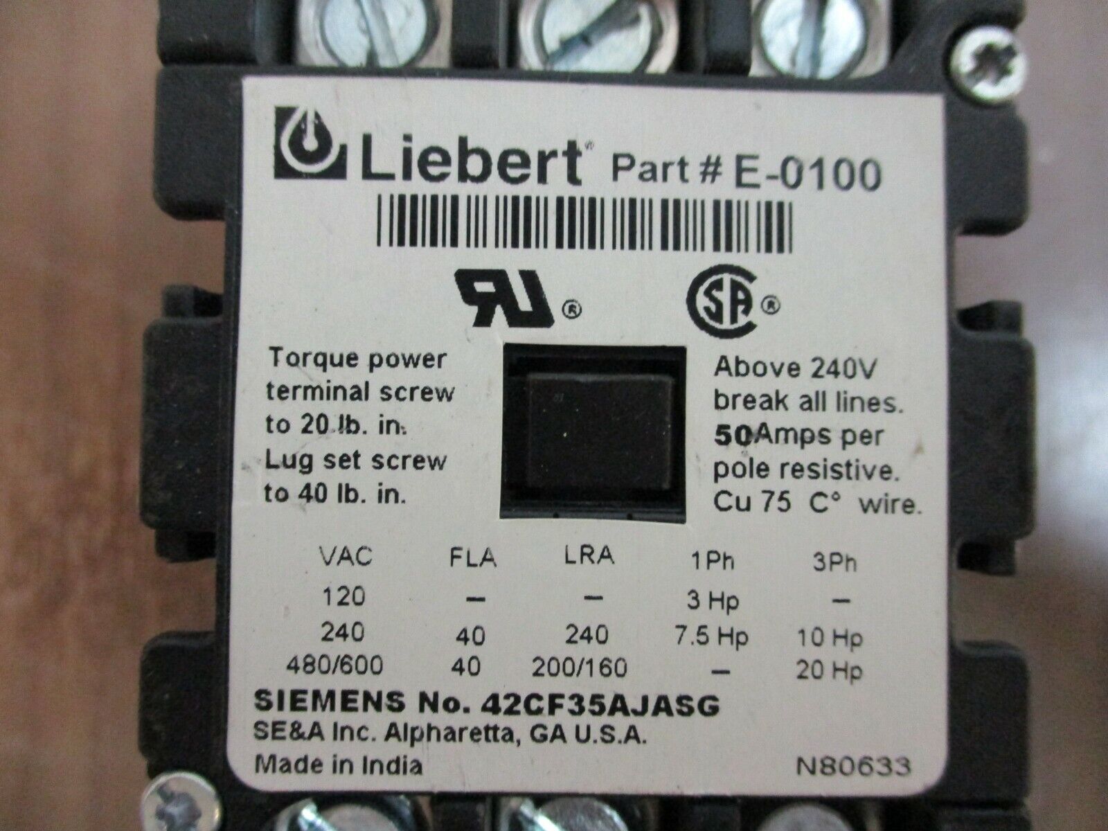 Liebert Contactor E-0100 24V Coil 40A 600V Used