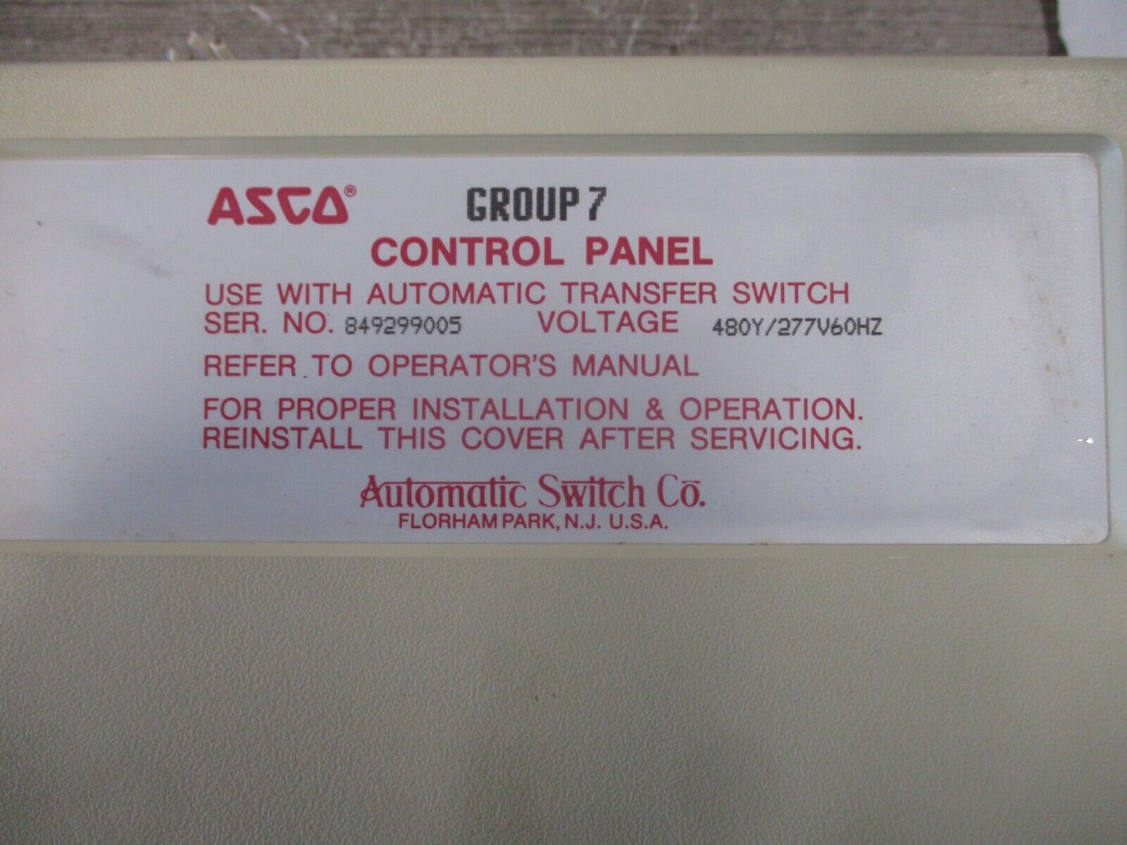 Asco Automatic Transfer Switch Control Panel GROUP7 480Y/277V 60Hz Used