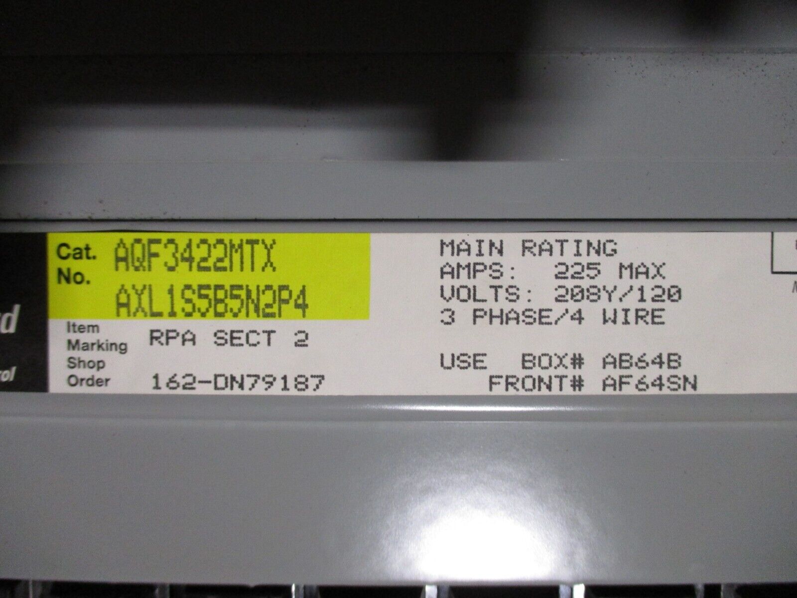 GE Main Lug Breaker Panel AQF3422MTX 225A Max 208/120V 3Ph 4W 42-Slot Used