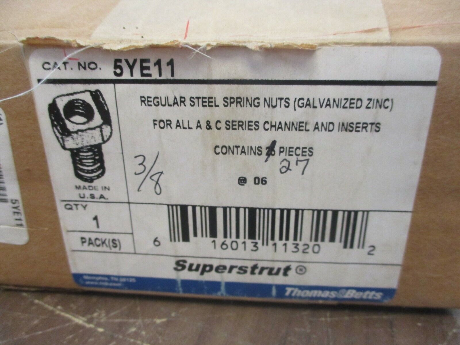 Thomas & Betts Superstrut Spring Nut 5YE11 Galvanized Steel 3/8" *Box of 27*