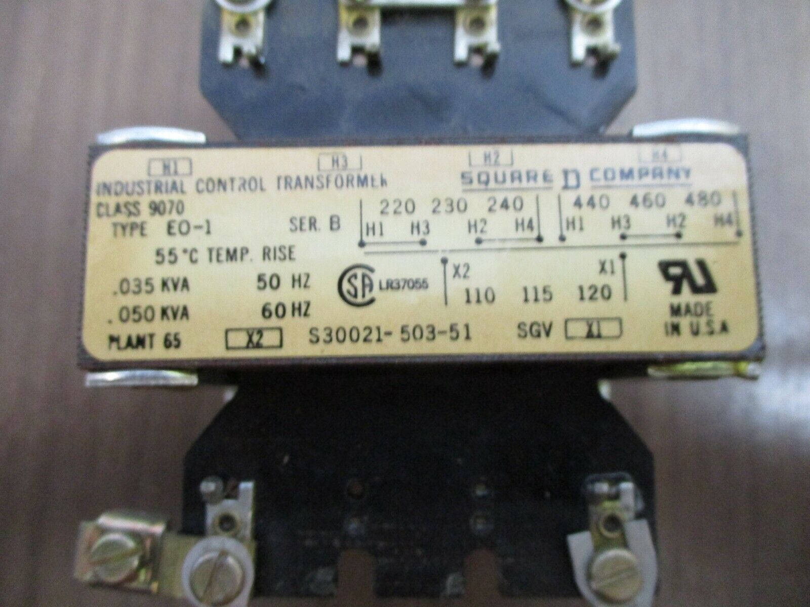 Square D Control Transformer 9070 EO-1 Ser. B 0.050kVA Pri: 240/480V Sec: 120V