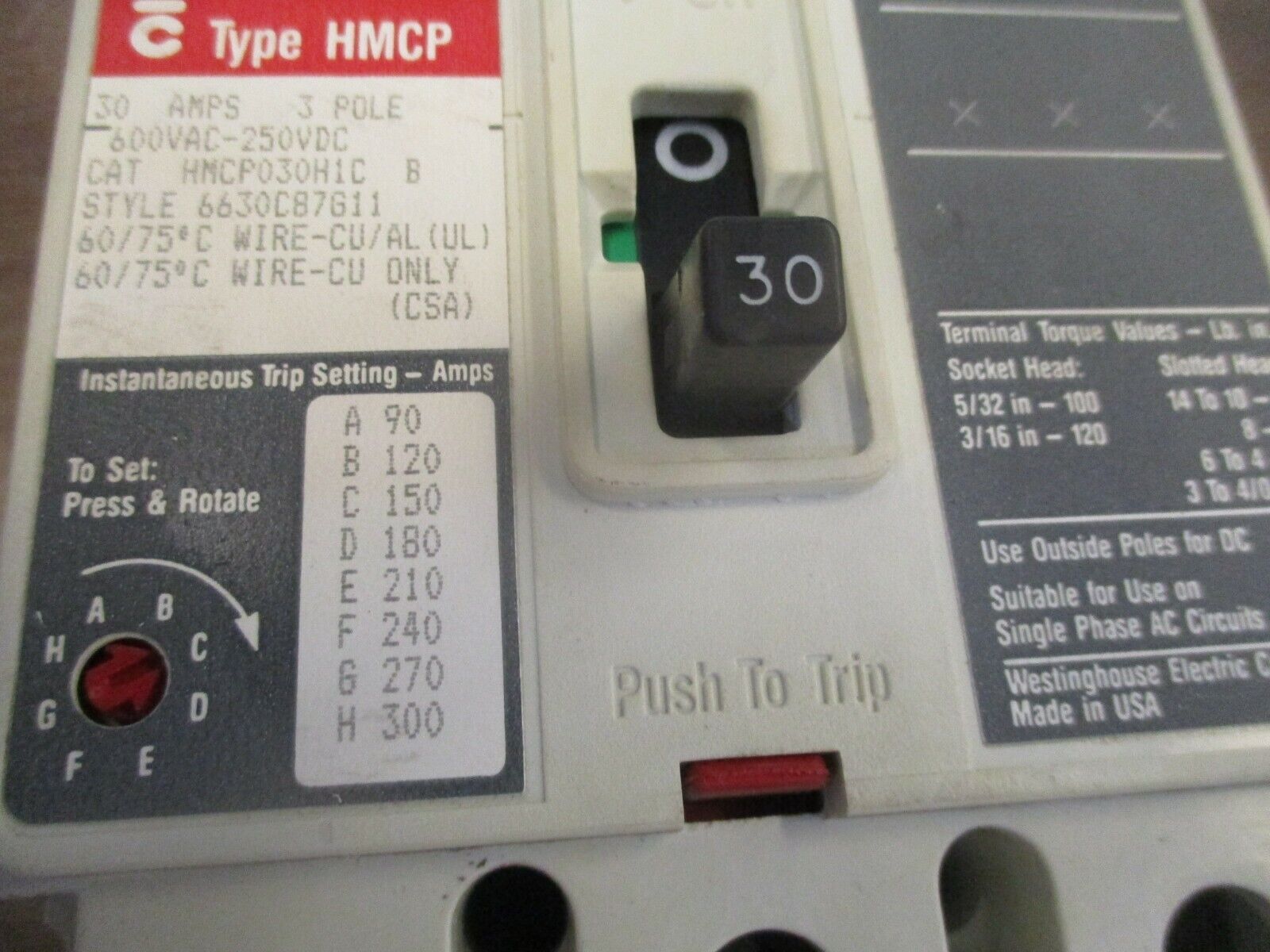Westinghouse Circuit Breaker HMCP030H1C 30A 600V 3P Used