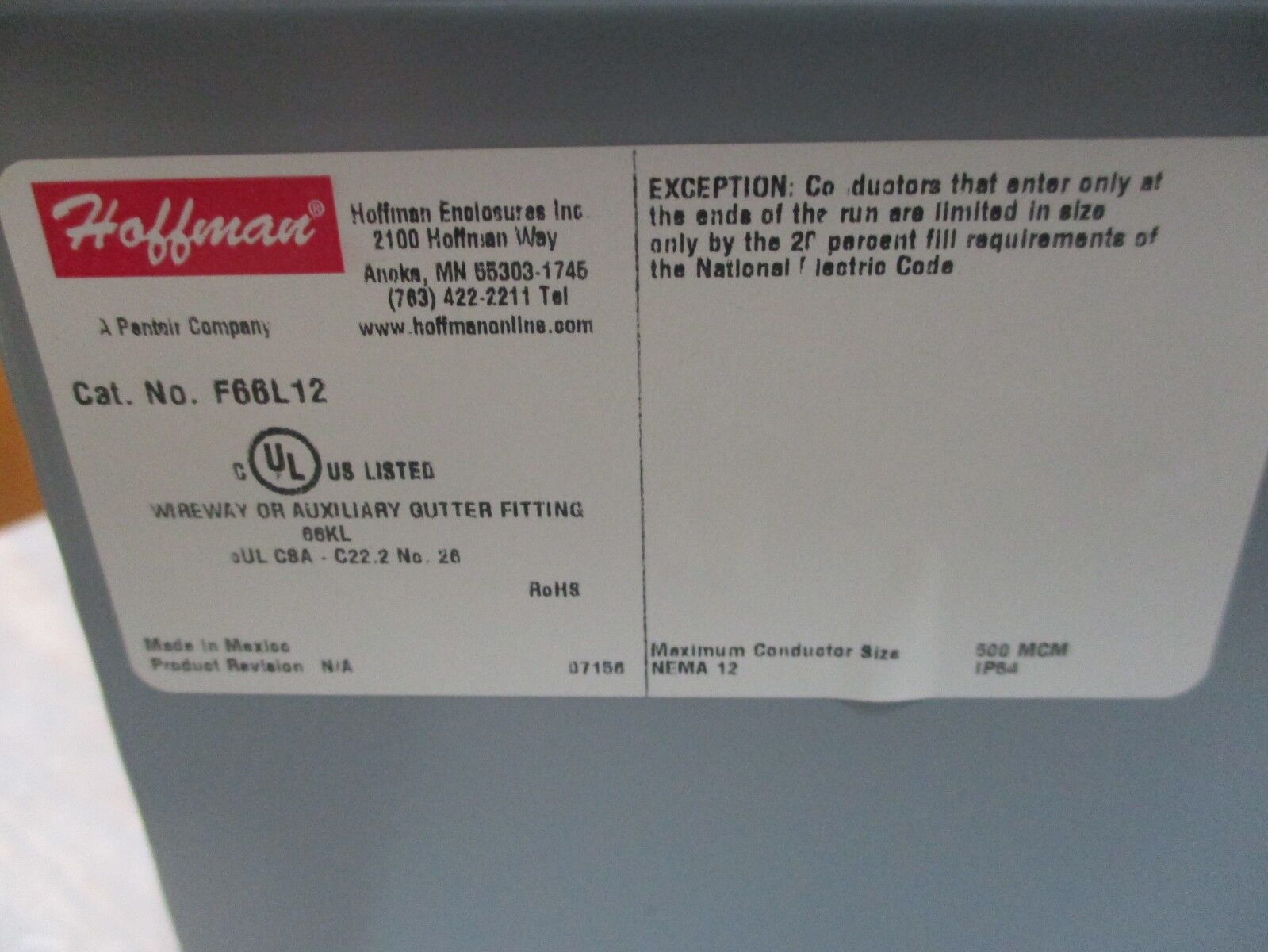 Hoffman Wireway F66L12 Size: 6x6" Length: 12" Used