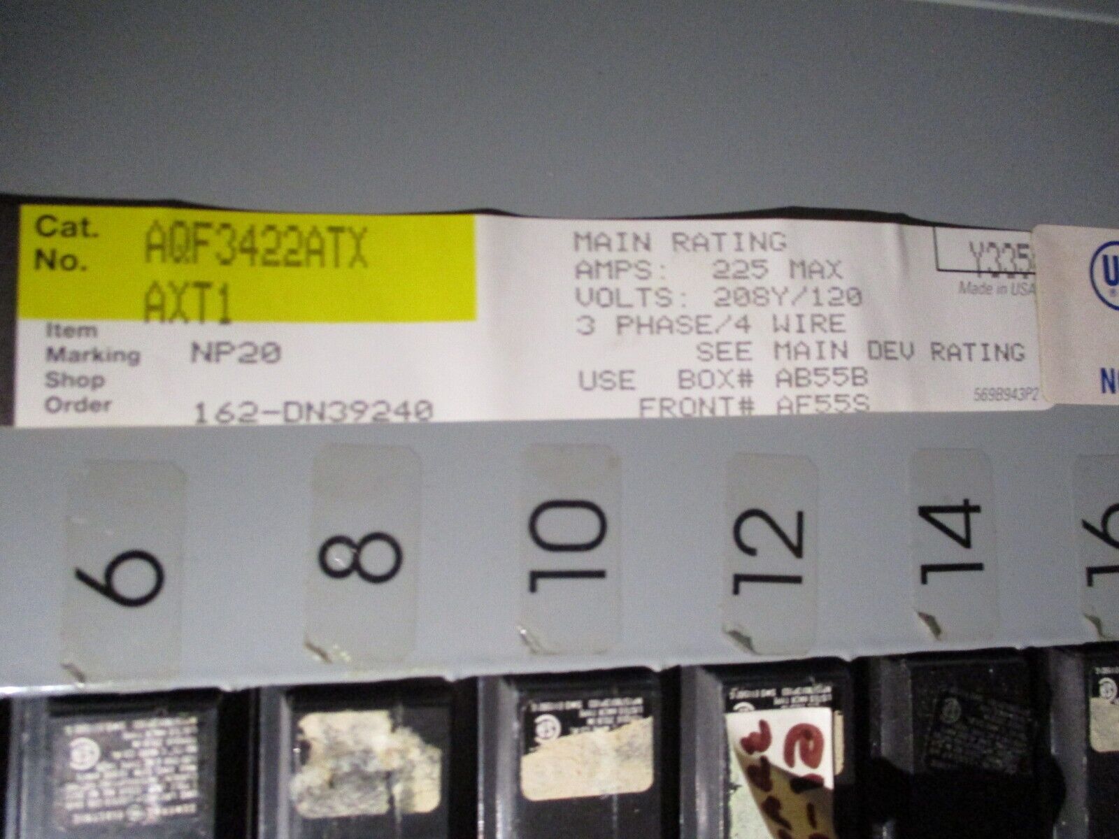 GE Main Breaker Circuit Breaker Panel AQF3422ATX 225A Max, 200A Main 208/120V