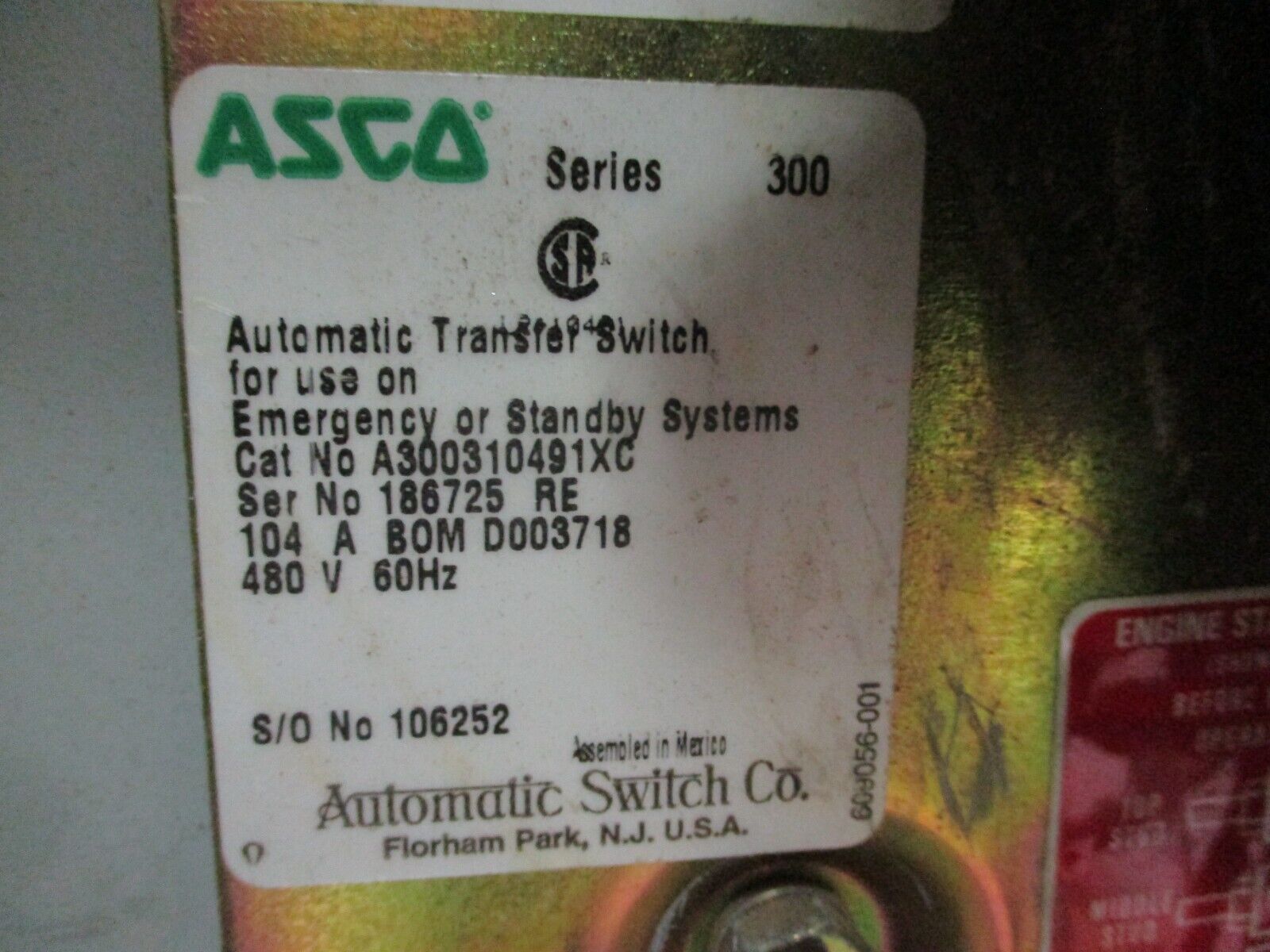 Asco Series 300 Automatic Transfer Switch A300310491XC 104A 480V 60Hz 3Ph Used
