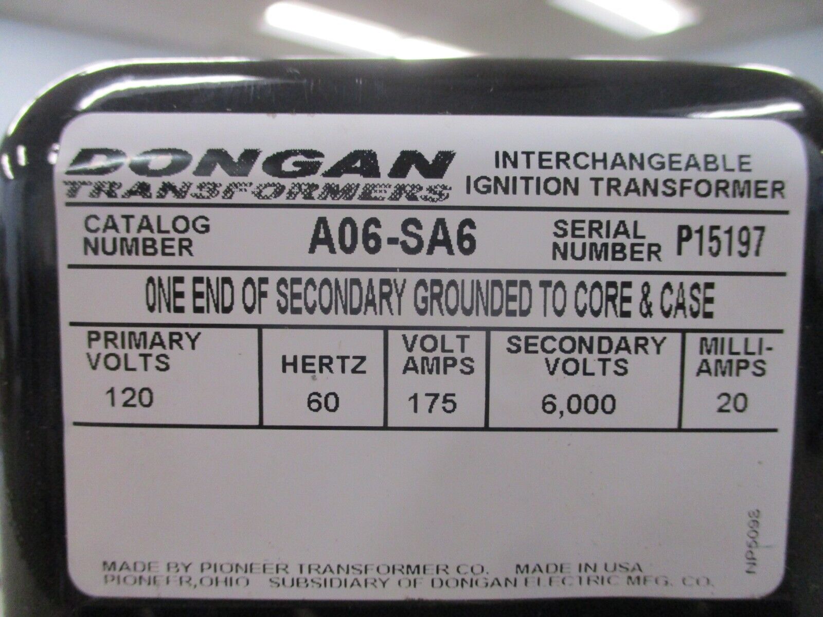 Dongan Ignition Transformer A06-SA6 0.175 KVA Pri: 120 V Sec: 6000V New Surplus
