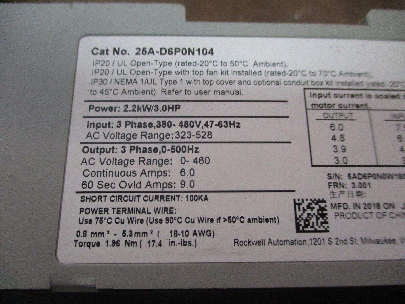 Allen-Bradley PowerFlex 523 AC Drive 25A-D6P0N104 Ser. B 3HP 3Ph Used