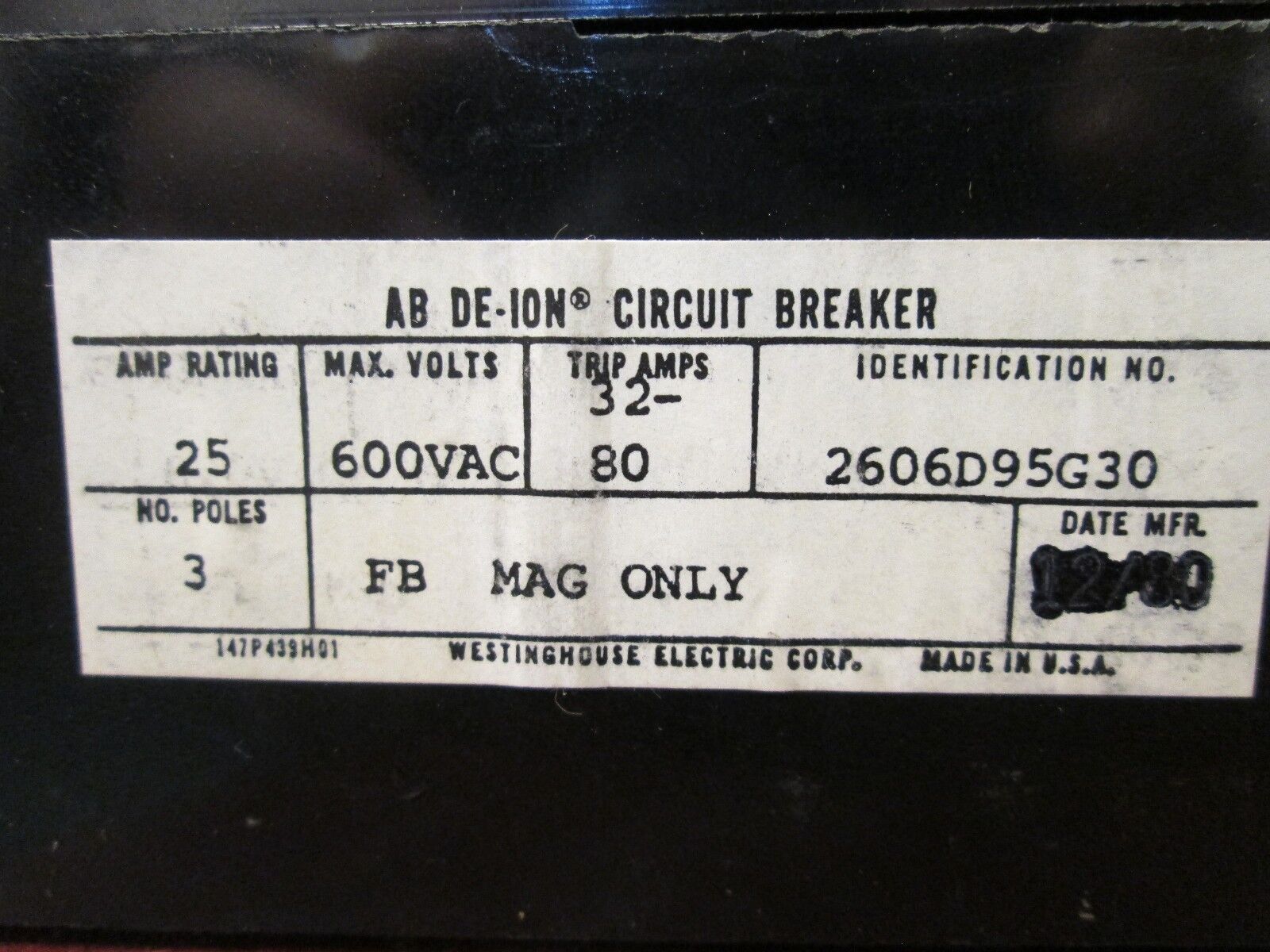 Westinghouse FB Mag Only 2606D95G30 25A 600V Trip Range: 32-80 3P New Surplus