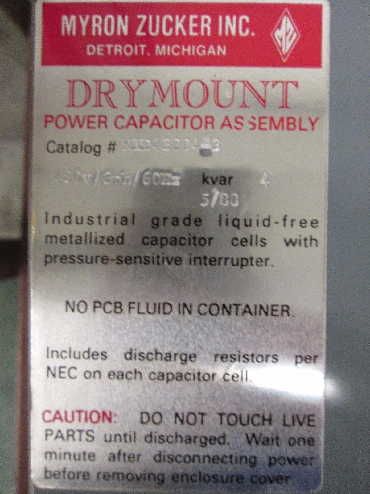 Calmount Drymount Power Capacitor KID43004-3 4 KVAR 480V 60Hz 3Ph Used