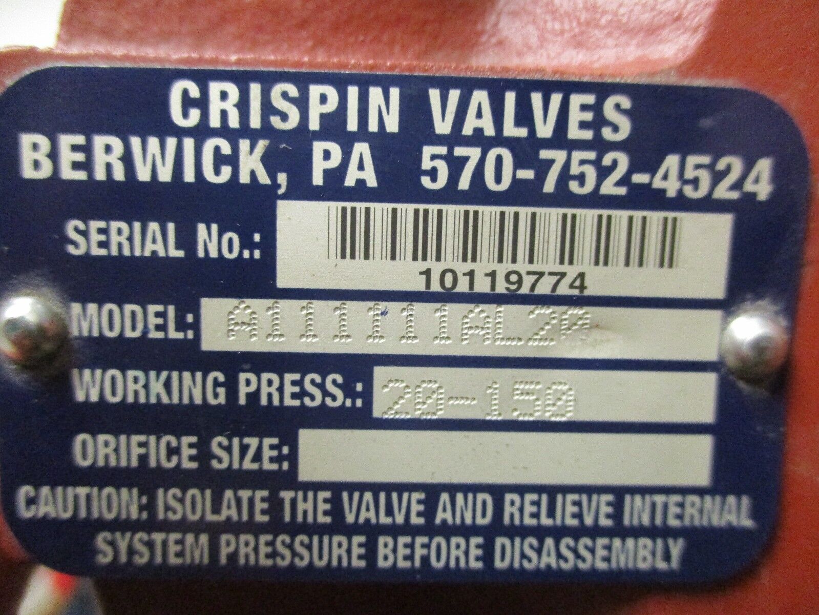 Crispin Valves Pressure Release Valve A111111AL20 Working Pressure: 20-150 Used