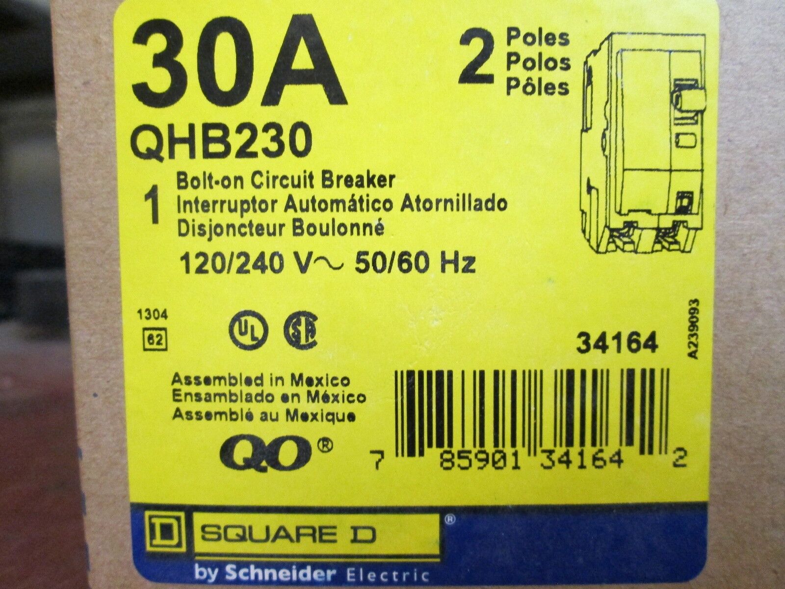 Square D Bolt-on Circuit Breaker QHB230 30A 120/240V 2P New Surplus