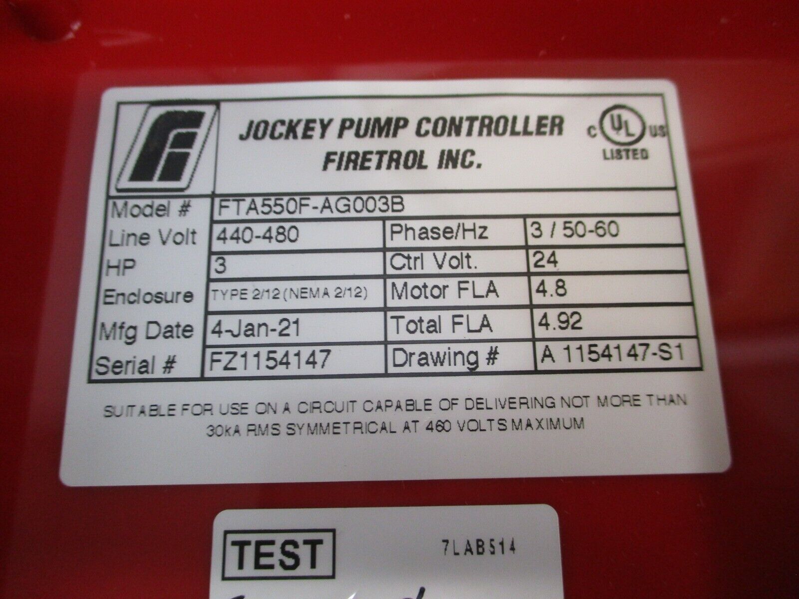 Firetrol Jockey Pump Controller FTA550F-AG003B 3HP 440-480V 3Ph 50-60Hz Used
