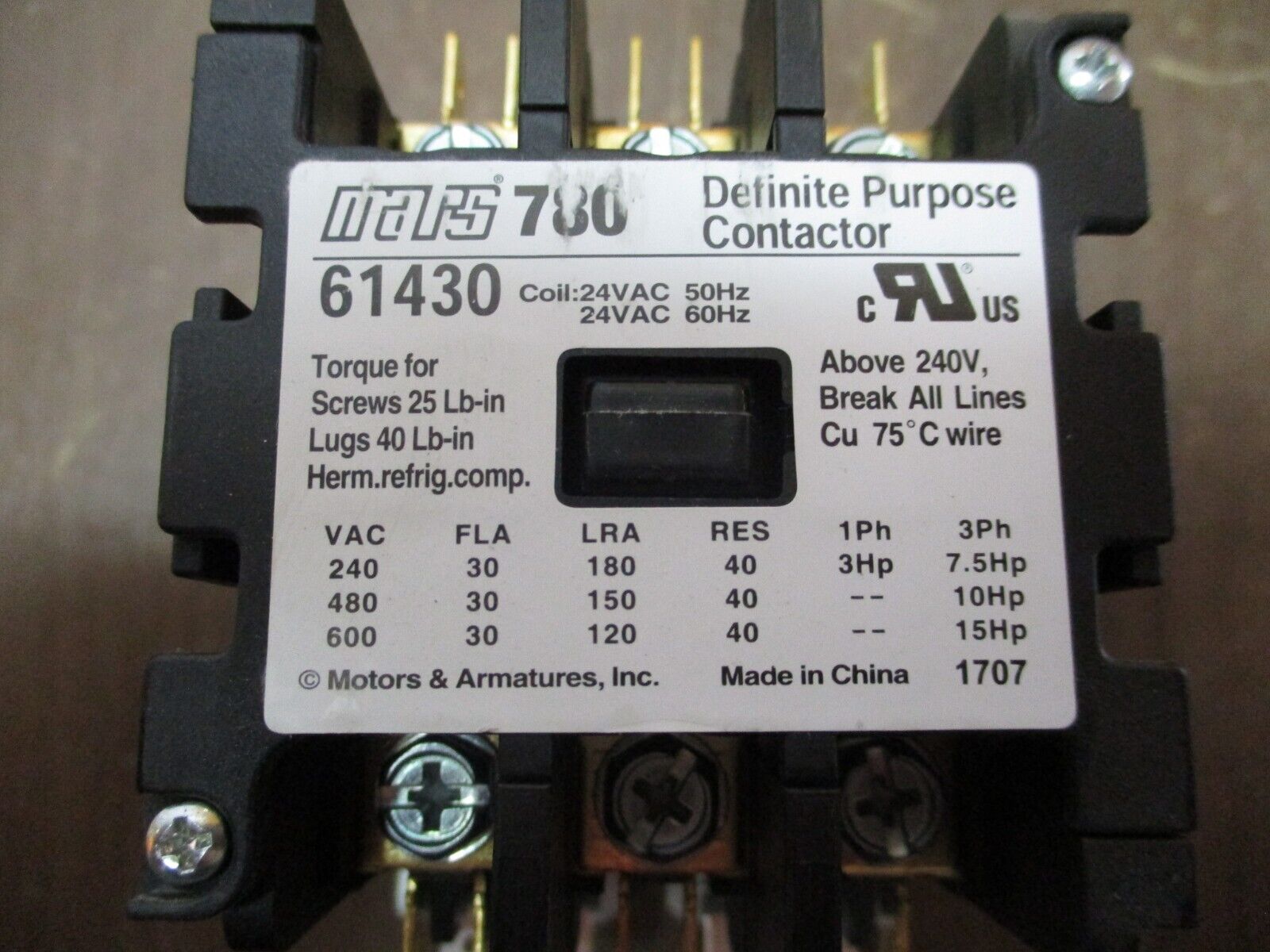 Mars Definite Purpose Contactor 61430 24V Coil 30A 3P New Surplus