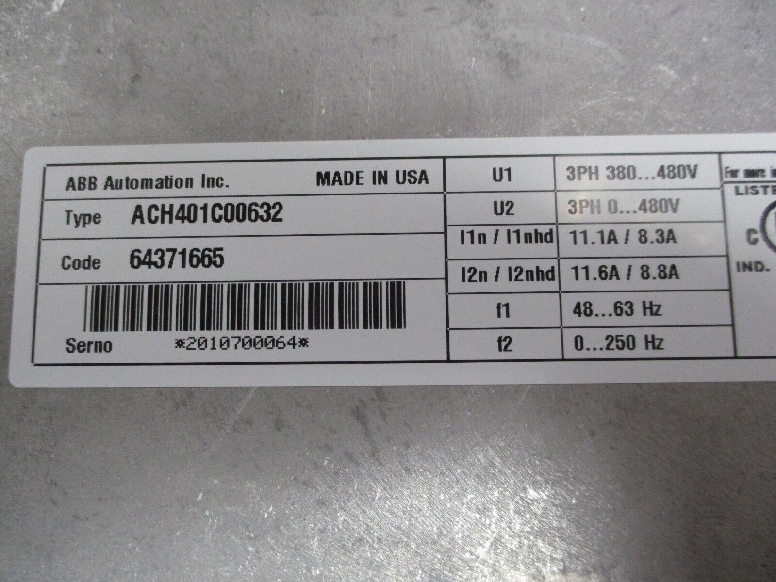 ABB ACH401 AC Drive ACH401C00632 7.5HP 3Ph *No Keypad* Used