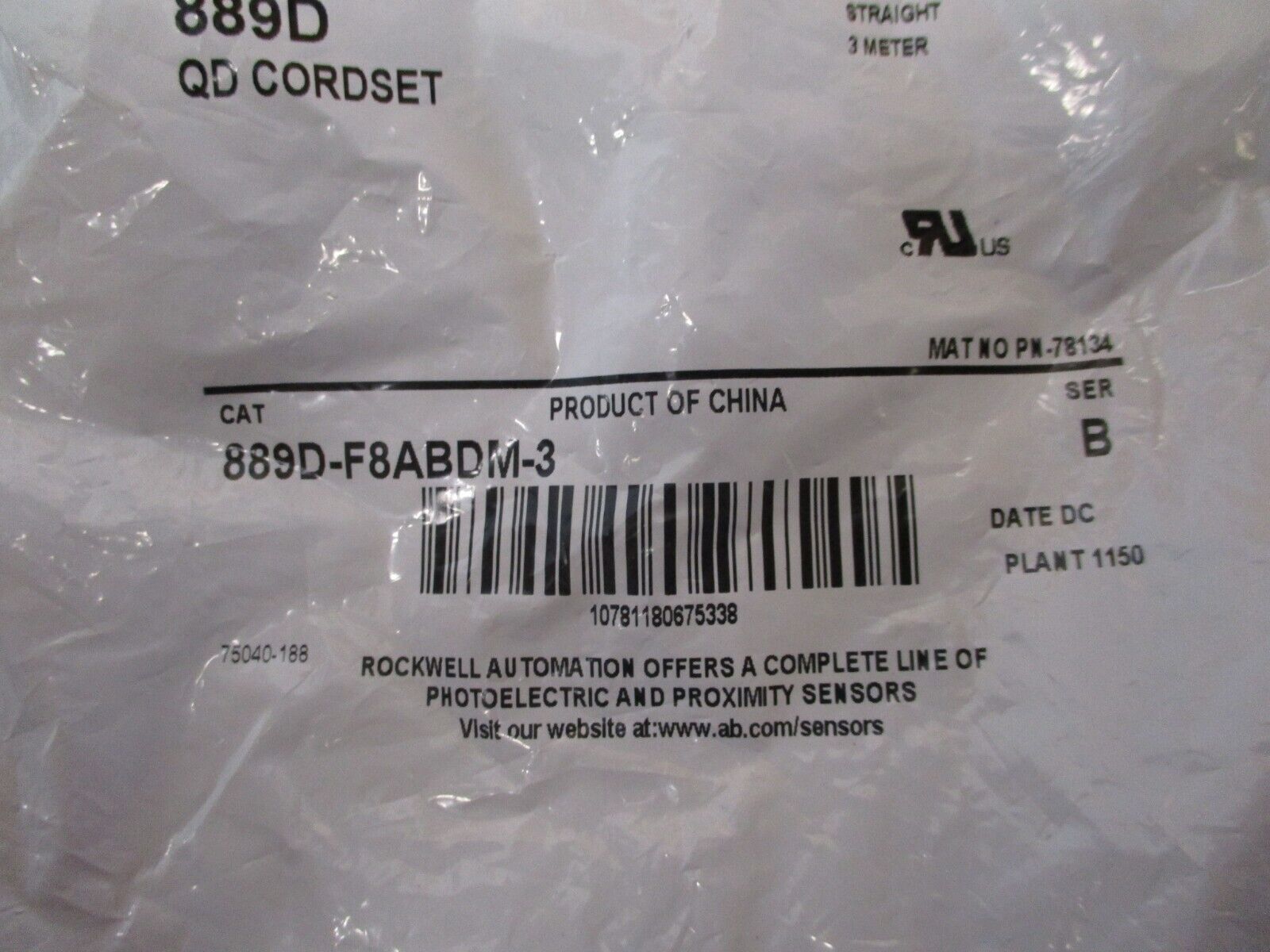 Allen-Bradley QD Cordset 889D-F8ABDM-3 Ser. B DC Micro Straight 3 Meter