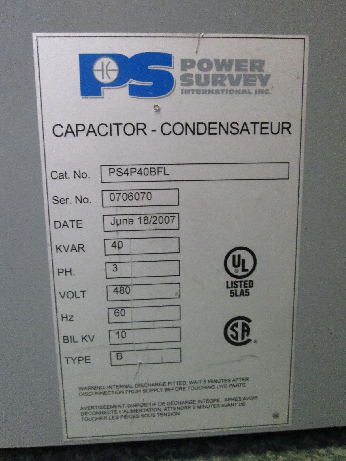 Power Survey Capacitor PS4P40BFL 40 KVAR 480V 3Ph 60Hz Used - Dented Top