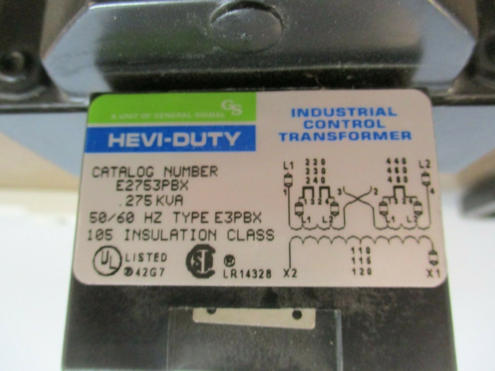 Hevi-Duty Control Transformer E2753PBX 0.275kVA Pri: 240/480V Sec: 120V 50/60Hz
