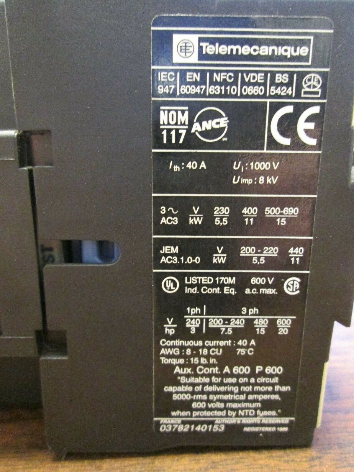 Telemecanique Contactor LC1 D2501 600V 40A 3PH 120V