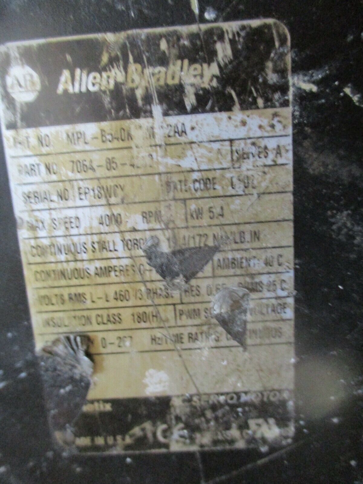 Allen-Bradley Kinetix AC Servo Motor w/ Reducer MPL-B540K-M22AA 5.4KW 4000RPM