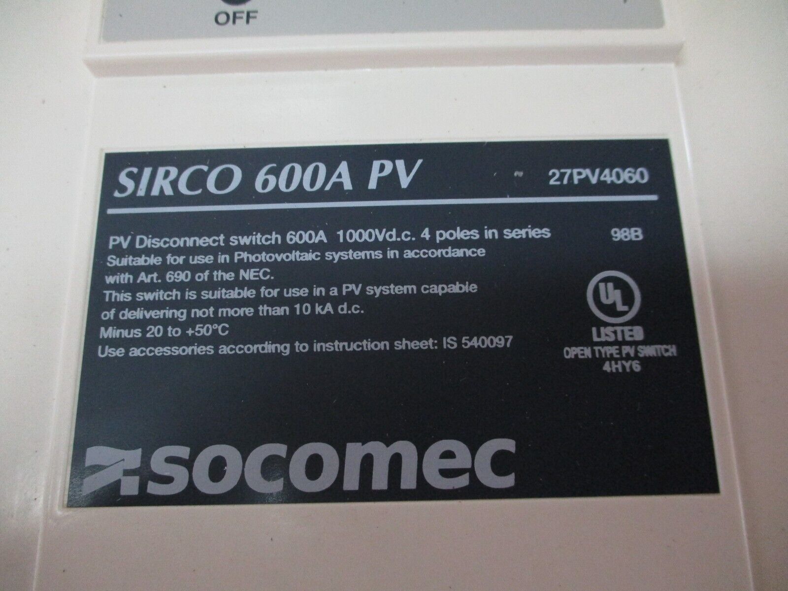 Socomec Sirco DC PV Disconnect Switch 27PV4060 600A 1000V *No Handle* Used