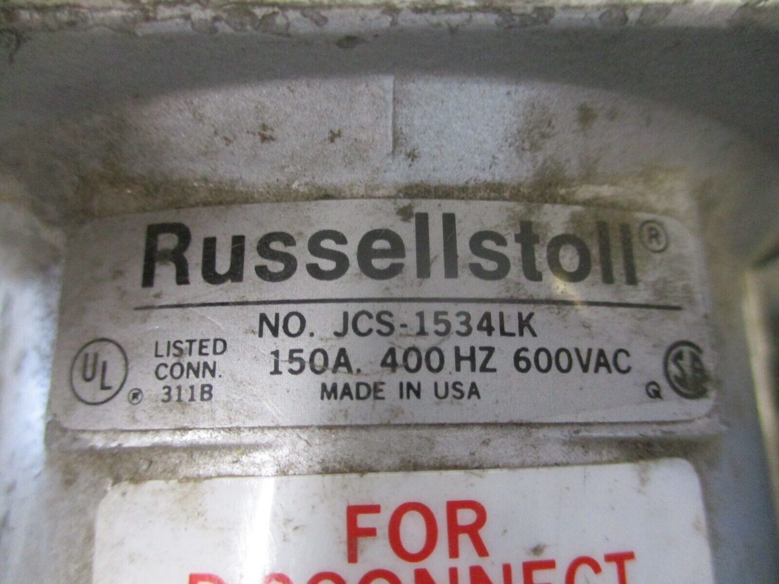 Russell Stoll Plug & Connector set JPS-1534LK/JCS-1534LK 150A 600V 400HZ Used.
