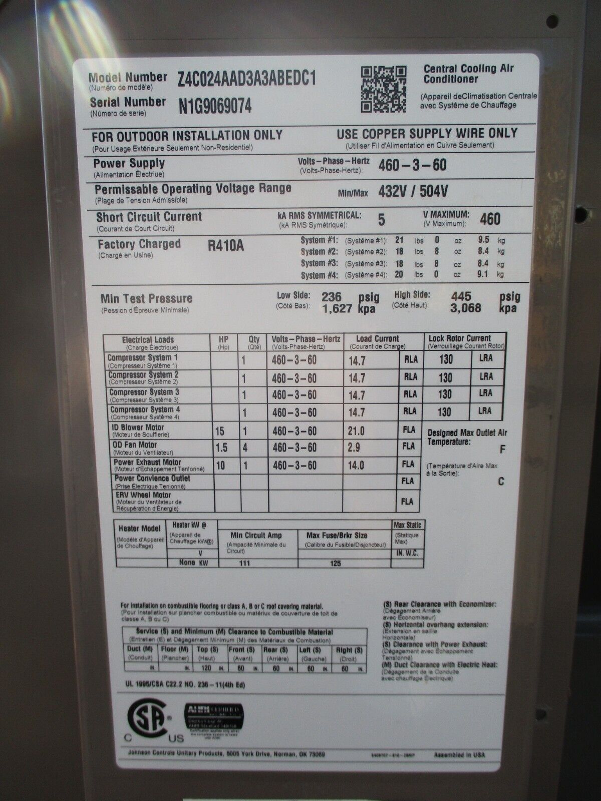 York Millennium Rooftop Unit Z4C024AAD3A3ABEDC1 40 Tons No Heat 460V 3Ph Used