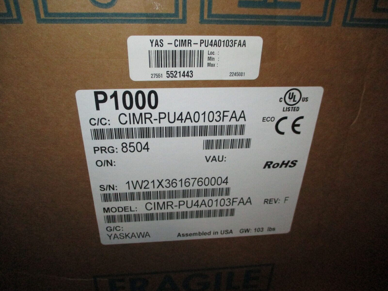 Yaskawa P1000 AC Drive CIMR-PU4A0103FAA Rev F 75HP 480V *Dented Box* New Surplus