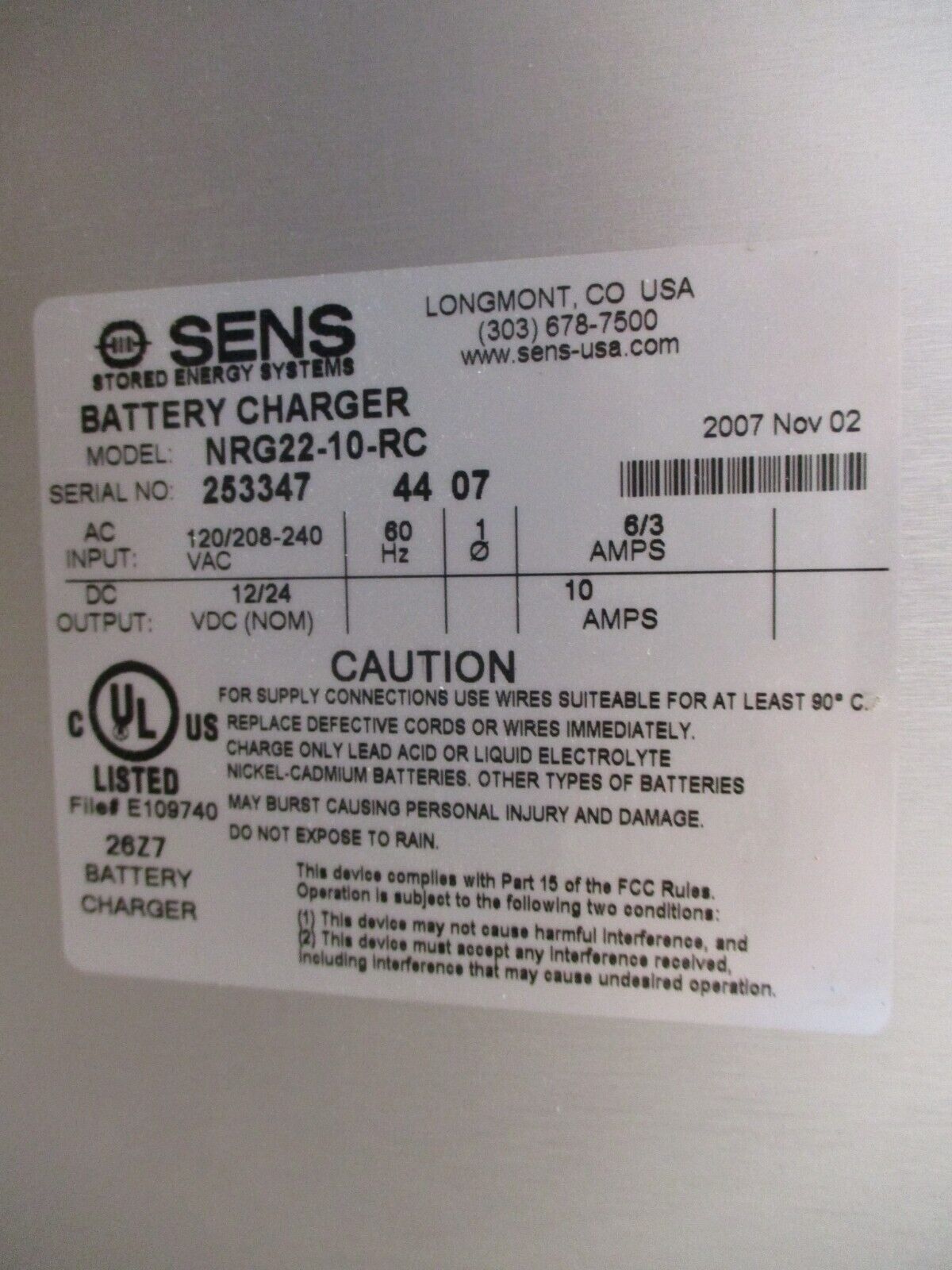 Sens EnerGenius Battery Charger NRG22-10-RC *Missing (1) Cover Screws* Used