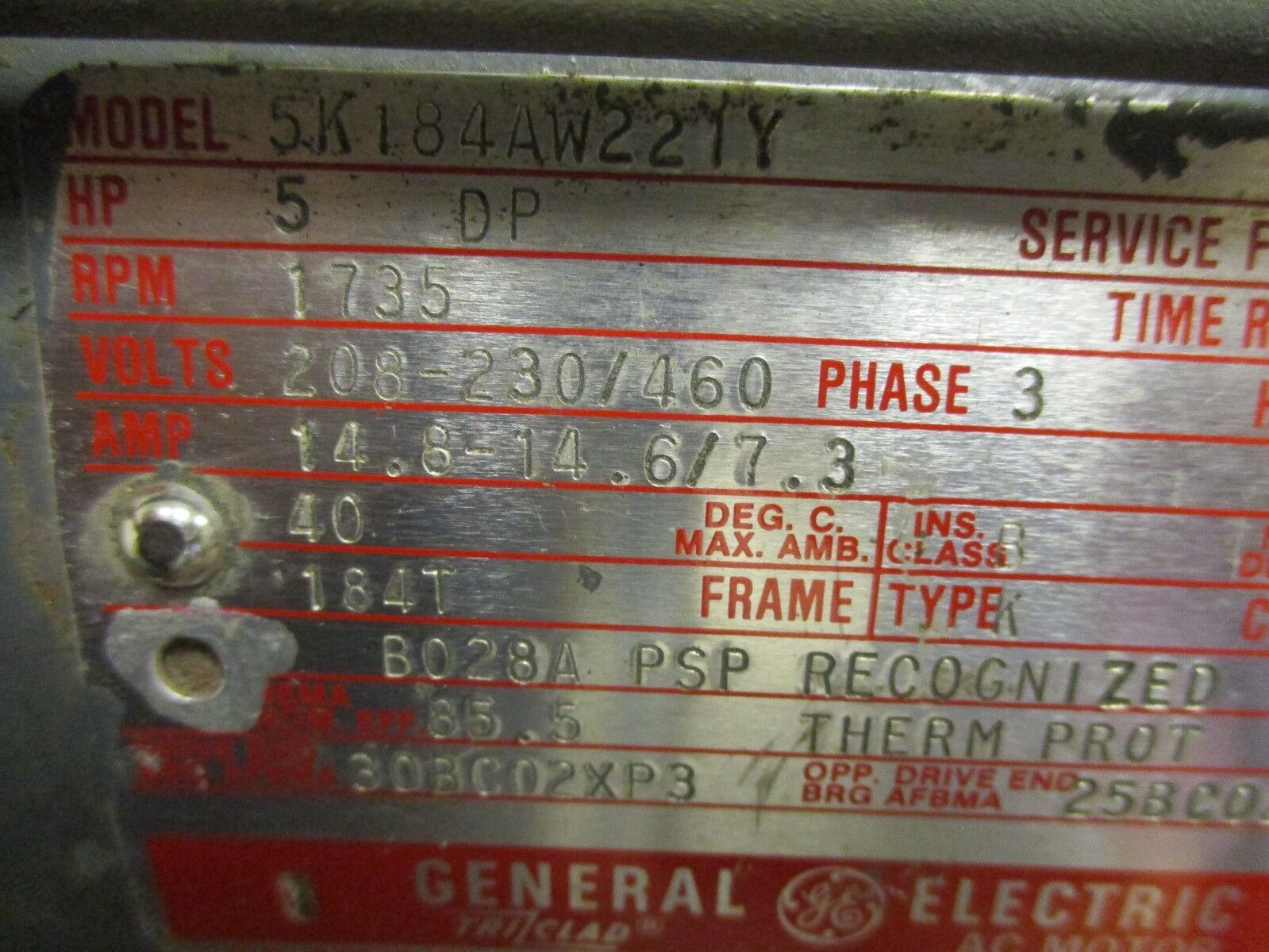 GE AC Motor 5K184AW221Y 5HP 1735RPM Frame: 184T 208-230/460V 14.8-14.6/7.3A Used