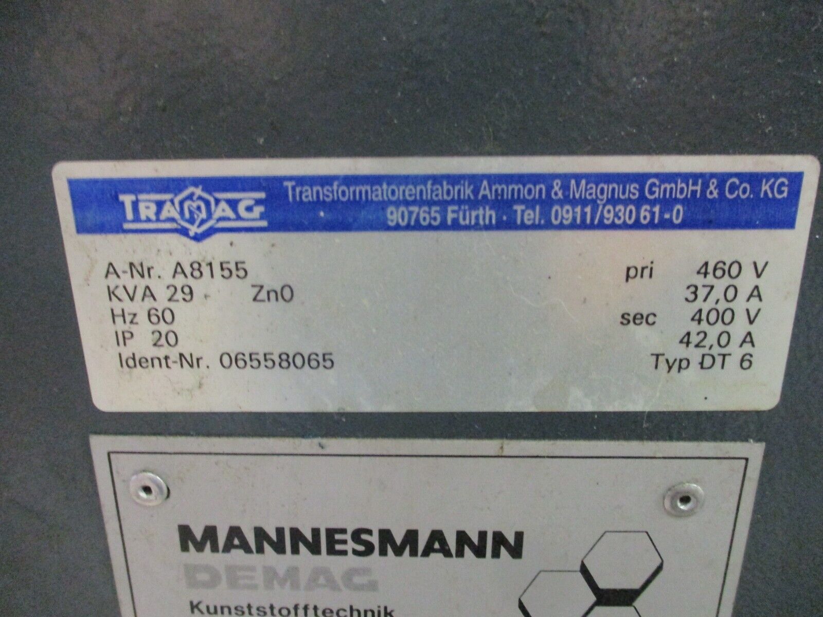 Tramag Type DT6 Transformer A8155 29kVA Pri: 460V Sec: 400V 60Hz Used