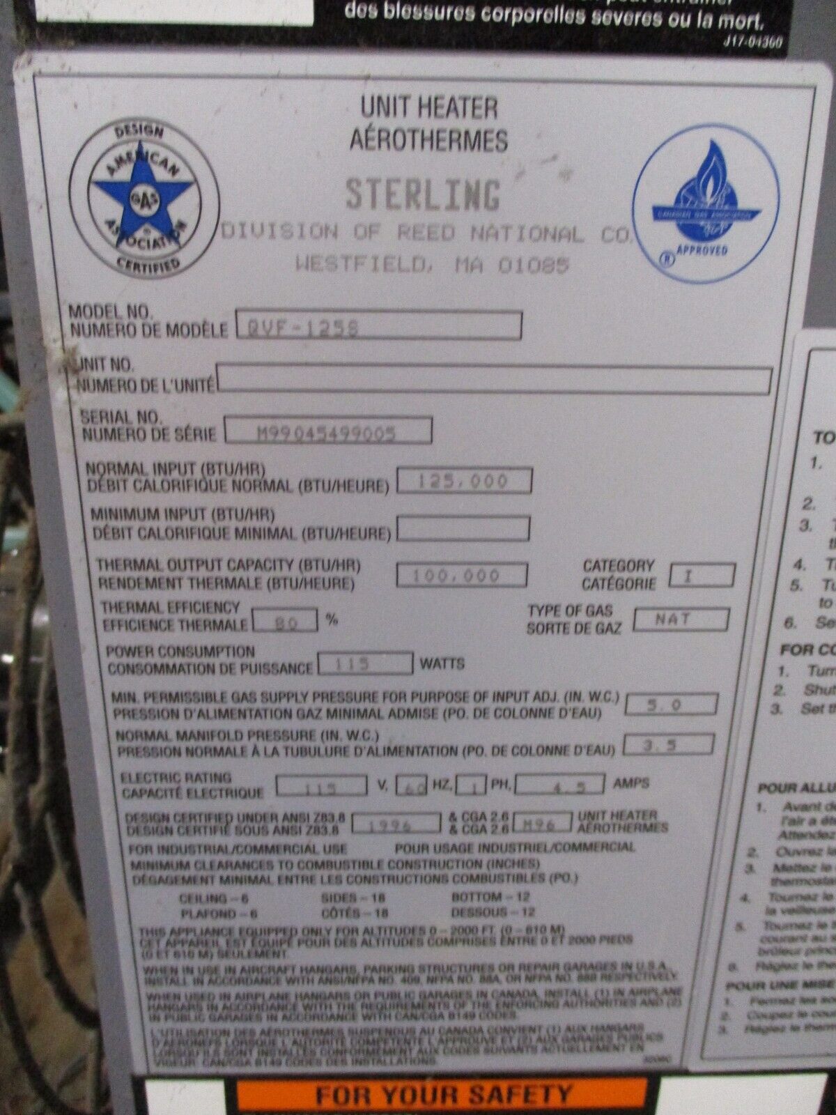 Sterling Natural Gas Heater QVF-125S 115V 60Hz 1Ph 4.5A Non-Power Vented Used