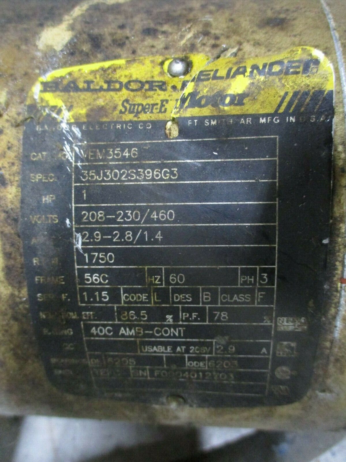 Baldor Super-E AC Motor VEM3546 1HP 1800RPM 208-230/460V 2.9-2.8/1.4A Used