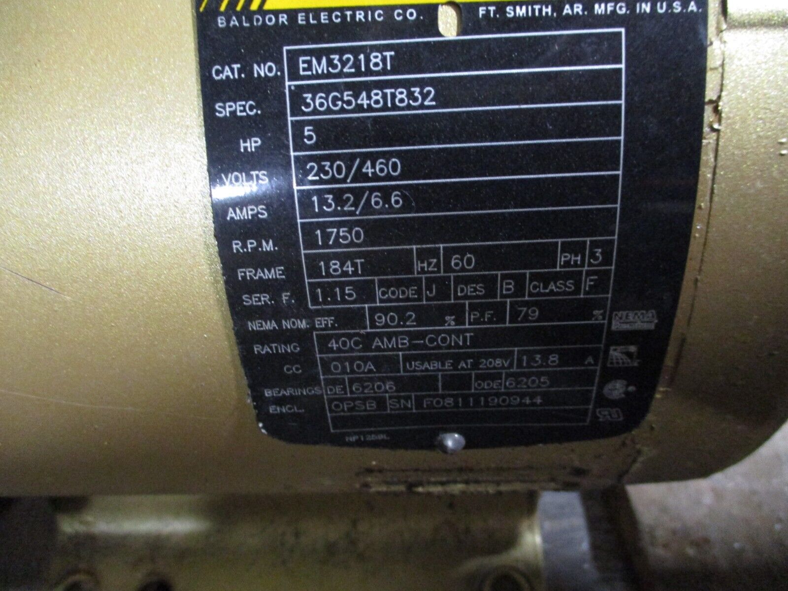 Baldor Motor EM3218T 5HP 1800RPM 230/460V 13.2/6.6A 60Hz 3Ph Used