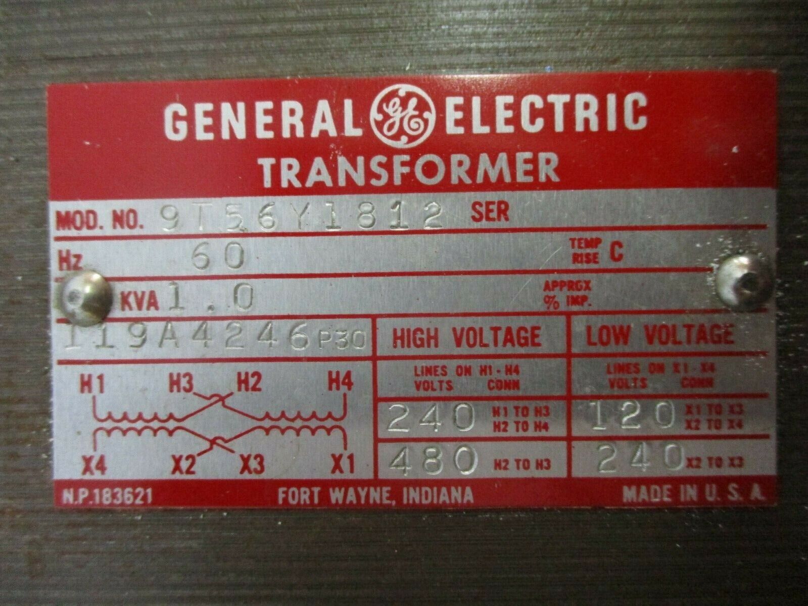 GE Transformer 9T56Y1812 1.0kVA Pri: 240/480V Sec: 120/240V 60Hz Used