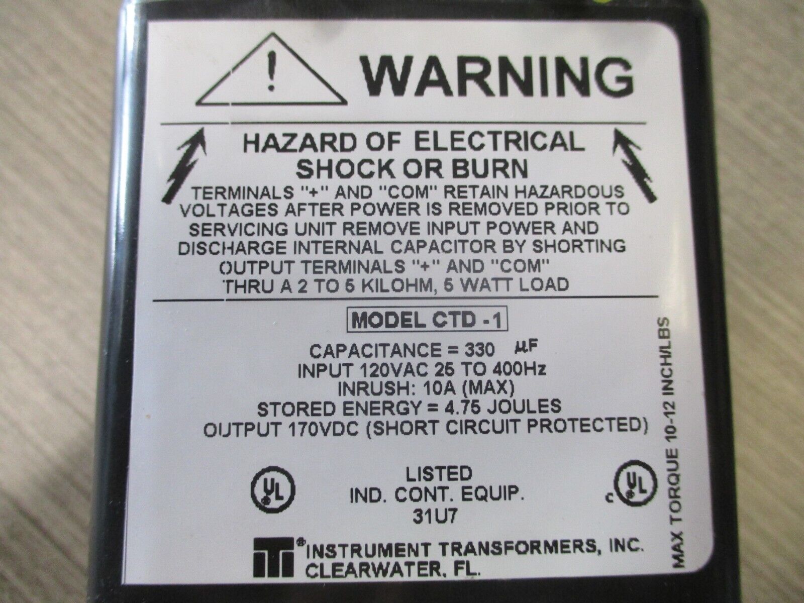 Instrument Transformers Capacitor Trip Device CTD-1 220 uF Input: 120VAC Used.