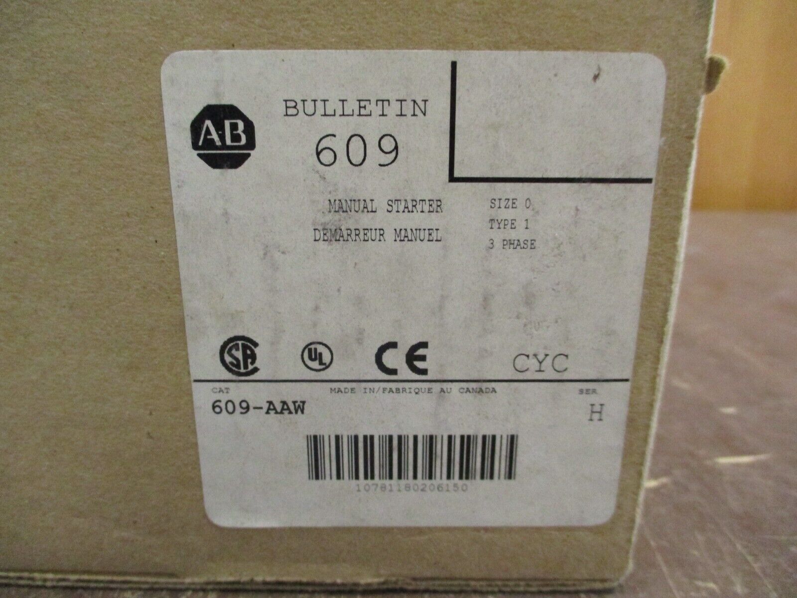 Allen-Bradley Enclosed Size 1 Manual Starter 609-AAW Ser. H 3Ph Type 1 Enclosure