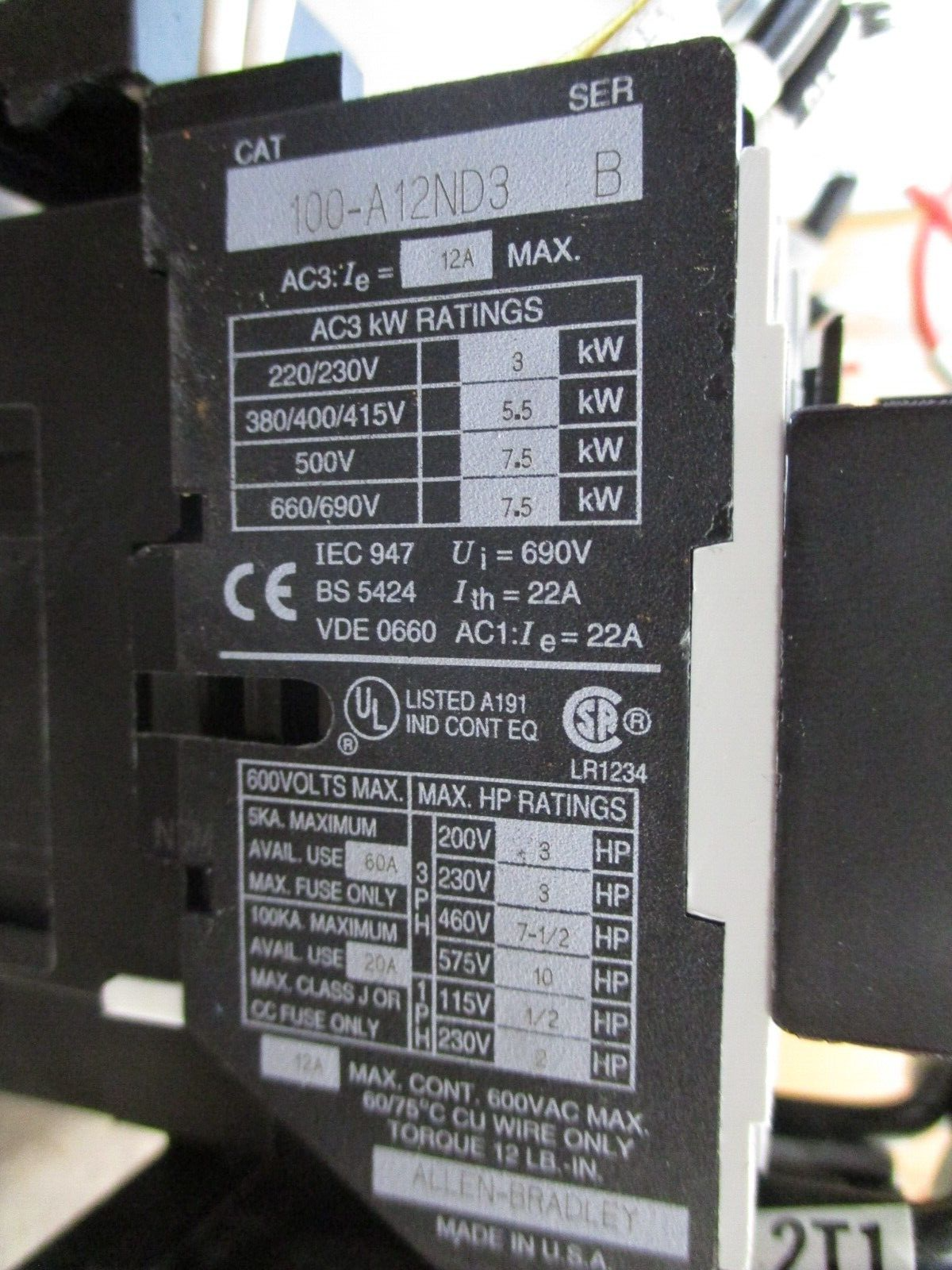 Allen-Bradley Reversing Starter 100-A12ND3 / 193-A2F1 120V Coil Trip: 3.7-12A