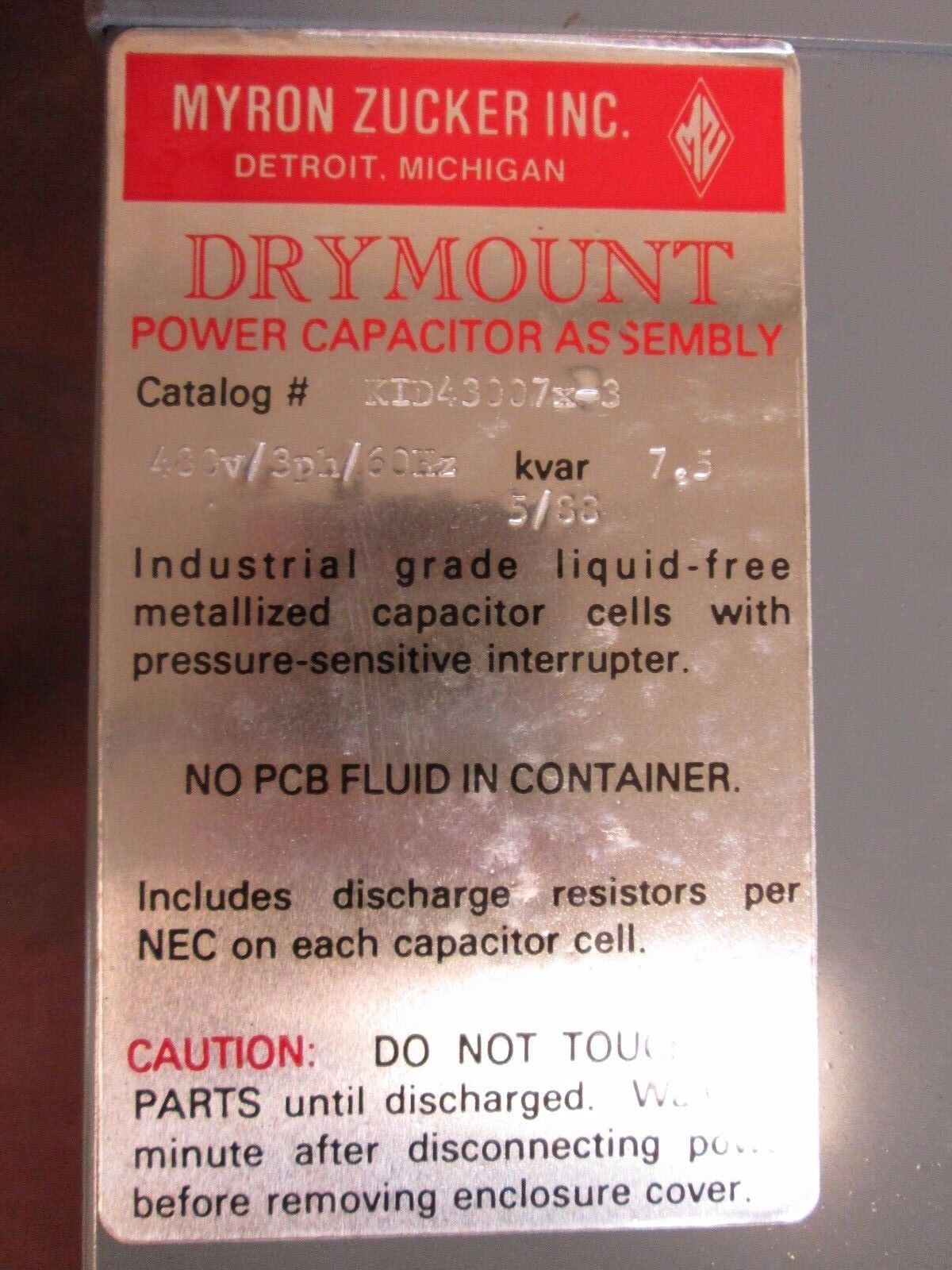 Calmount Drymount Power Capacitor KID43007x-3 7.5 KVAR 480V 60Hz 3Ph Used