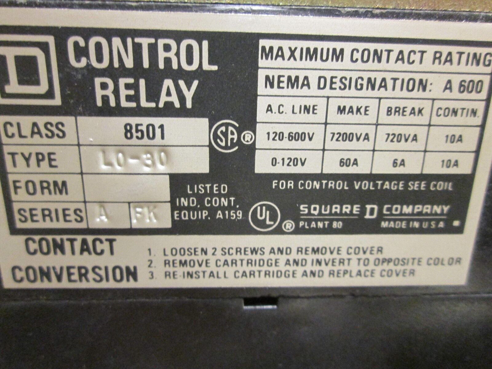 Square D Control Relay 8501 LO-30 120V Coil 8P Used