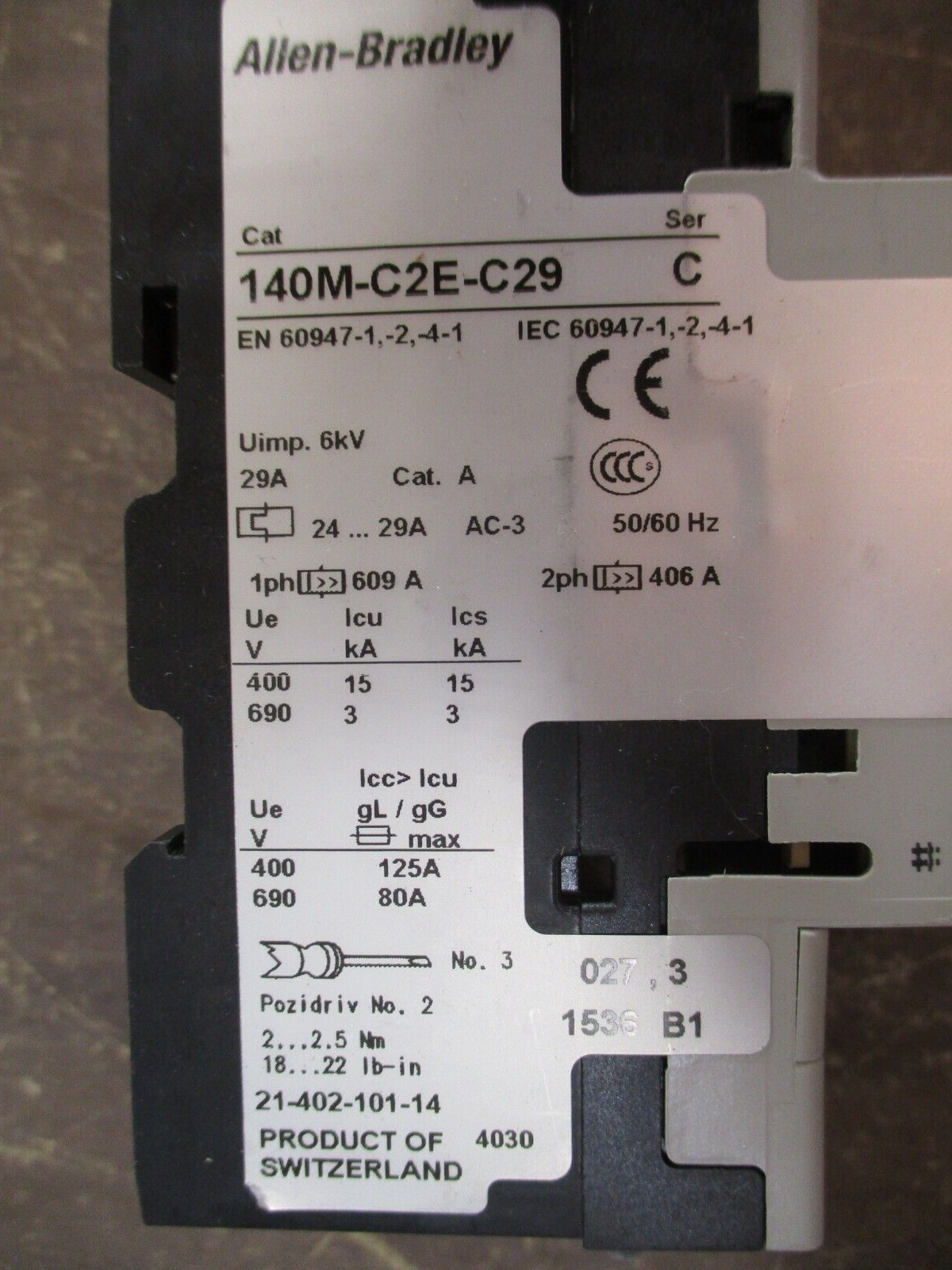 Allen-Bradley Manual Motor Protector 140M-C2E-C29 Ser. C Trip: 24-29A Used