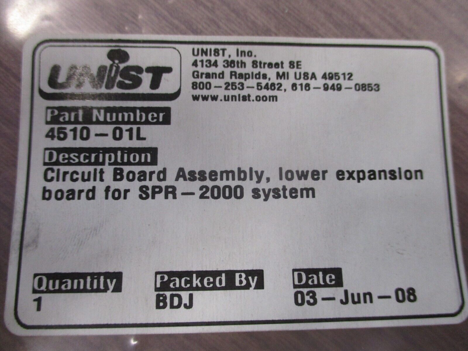 Unist SPR-2000 Lower Expansion Board 4510-O1L Rev. B New Surplus
