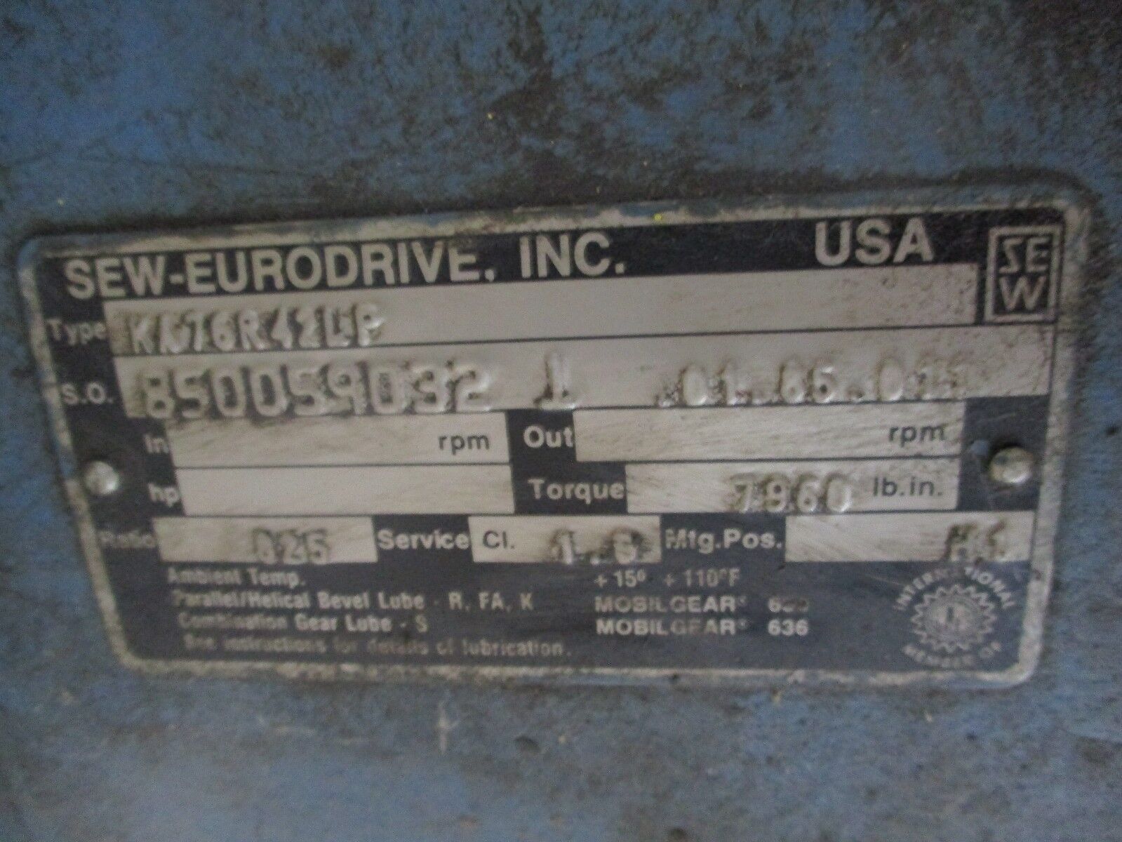 SEW Gear KA76R42LP 7960RPM 825 Ratio Used
