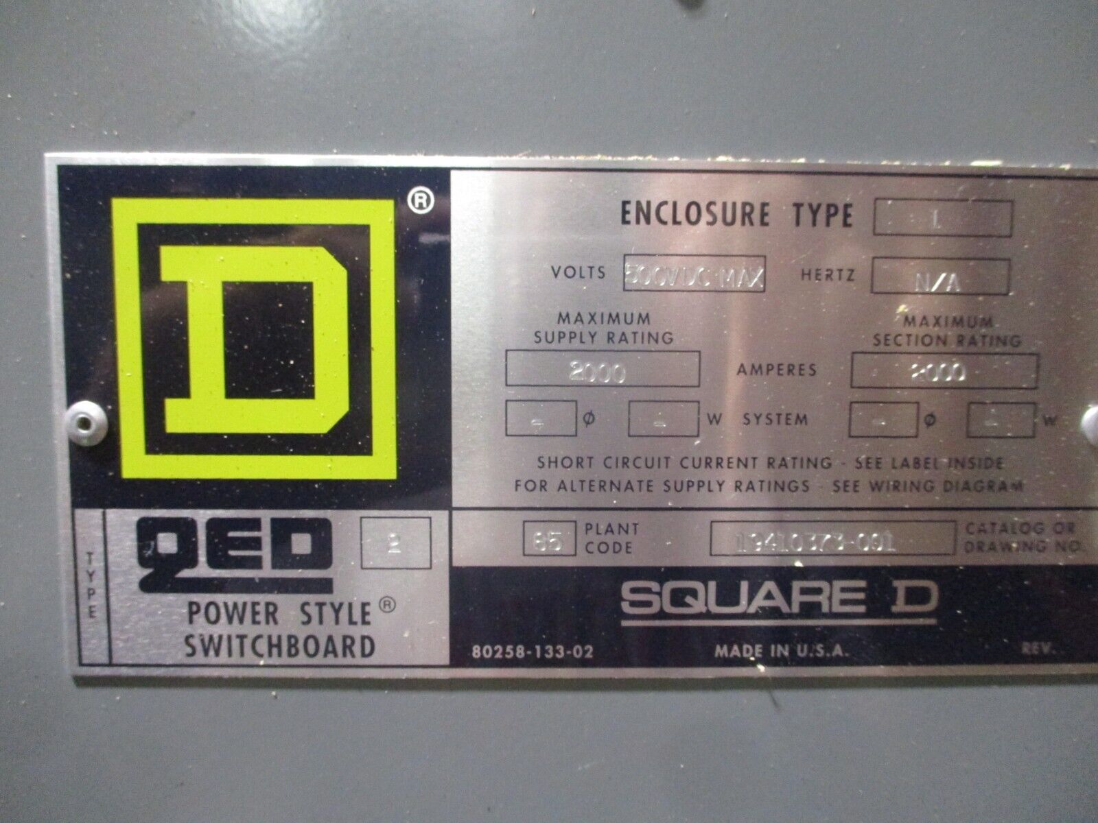 Square D DC Breaker Disconnect PAF362000DC2100 2000A 500VDC Encl: 19410373-001