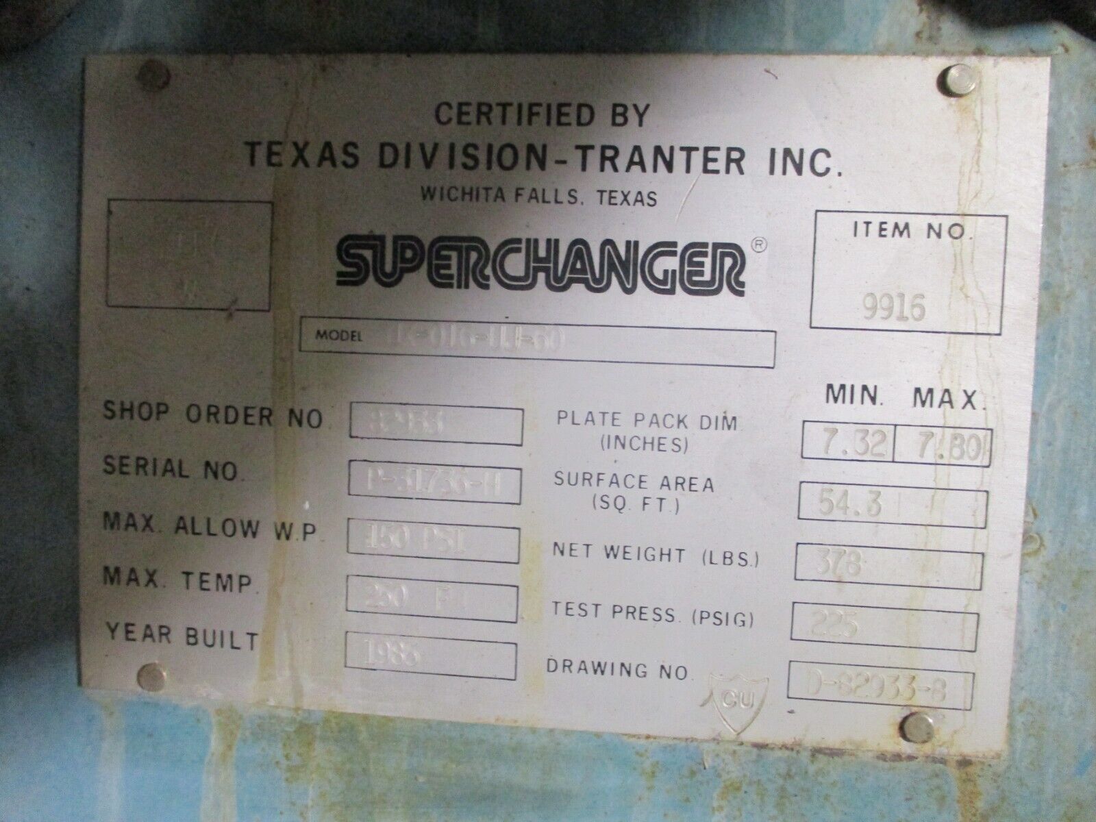 Tranter Inc. Superchanger Heat Exchanger UX-016-UJ-60 150PSI 250°F Used